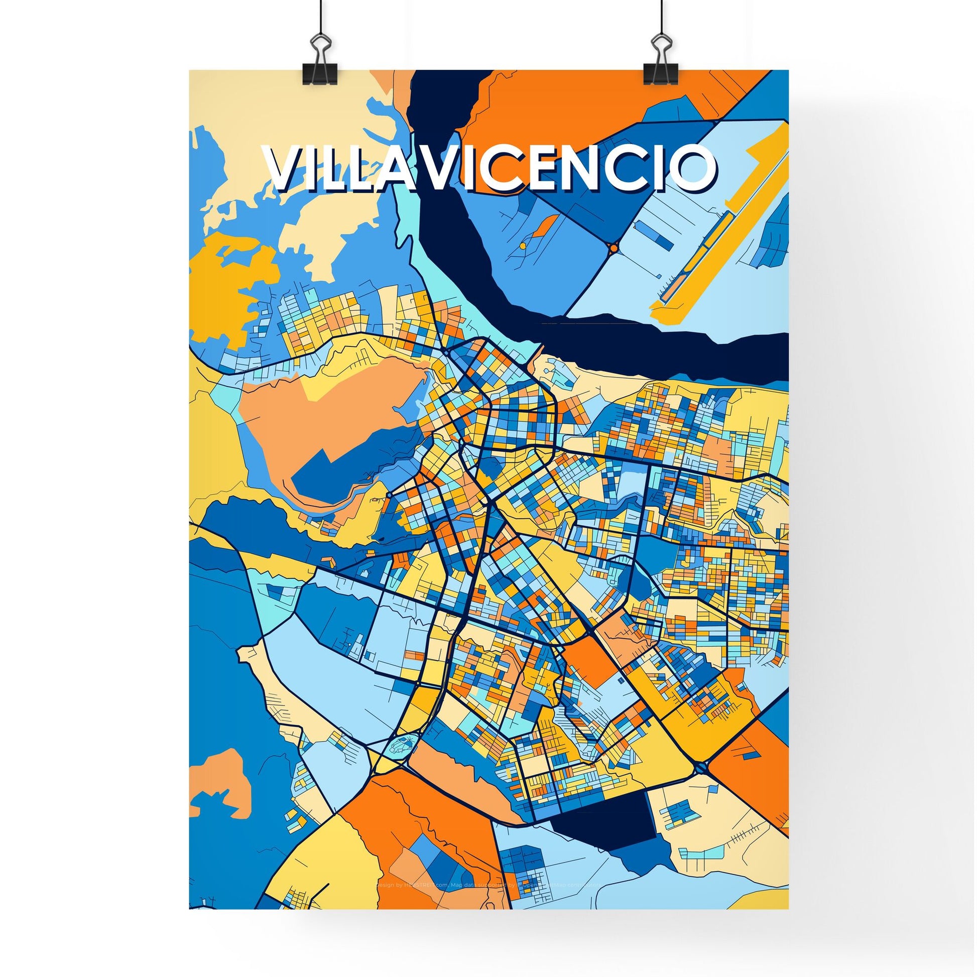 VILLAVICENCIO COLOMBIA Vibrant Colorful Art Map Poster Blue Orange