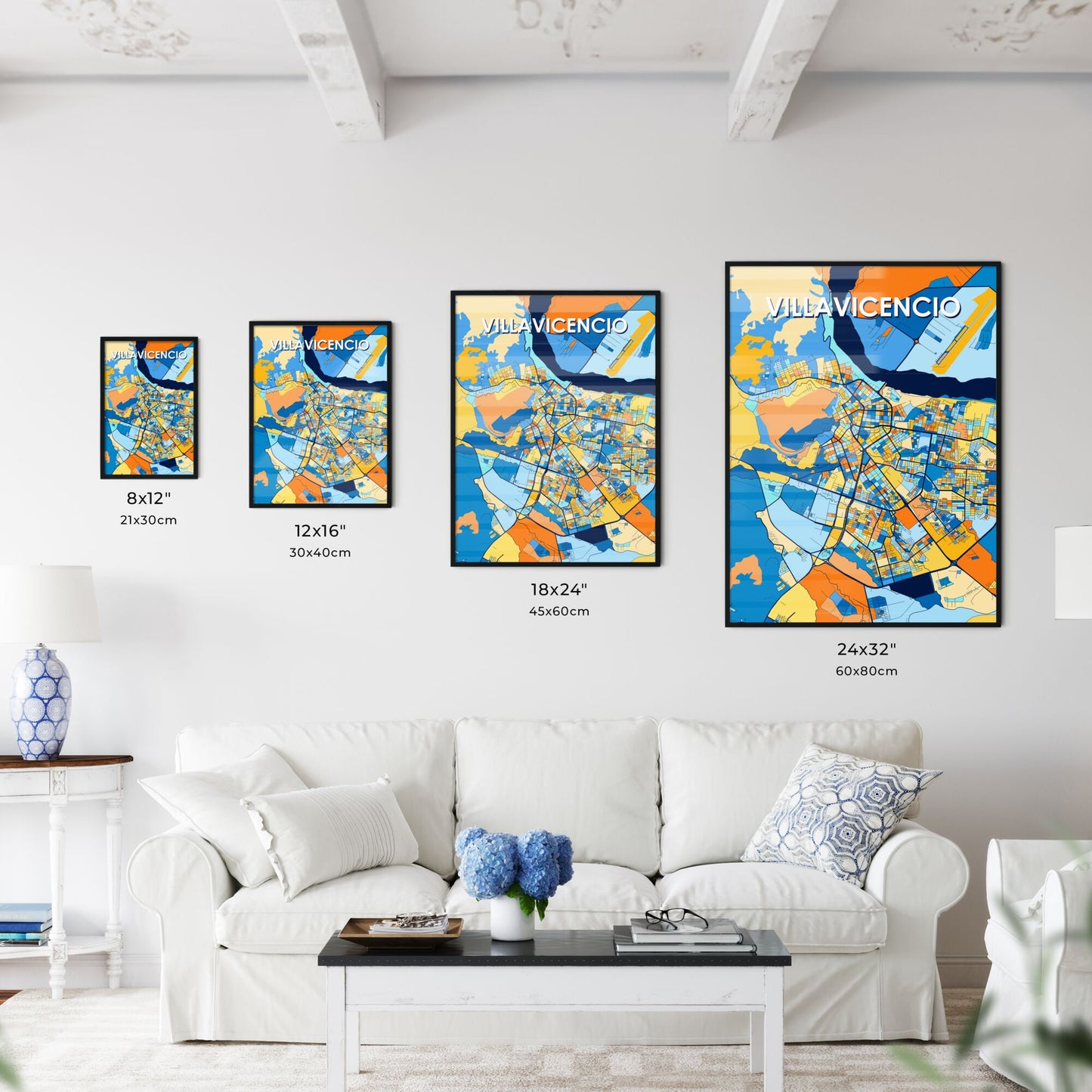 VILLAVICENCIO COLOMBIA Vibrant Colorful Art Map Poster Blue Orange