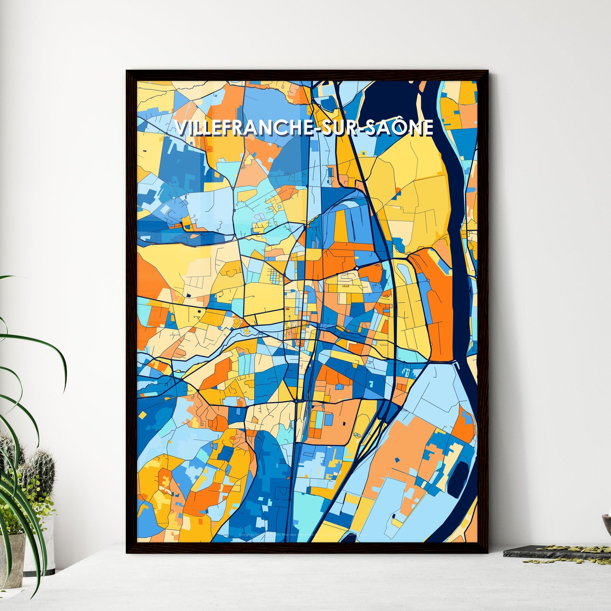 VILLEFRANCHE-SUR-SAÔNE FRANCE Vibrant Colorful Art Map Poster Blue Orange