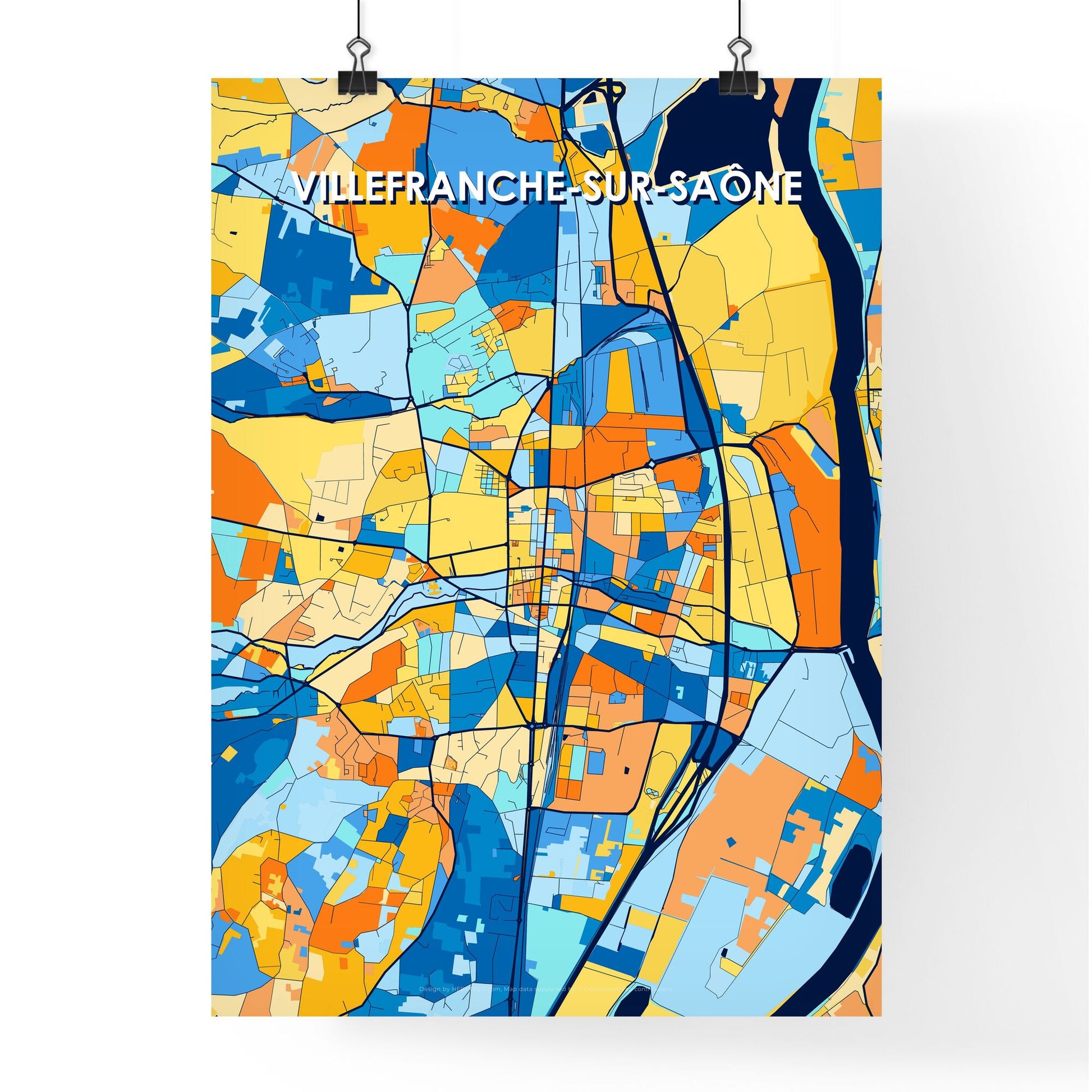 VILLEFRANCHE-SUR-SAÔNE FRANCE Vibrant Colorful Art Map Poster Blue Orange