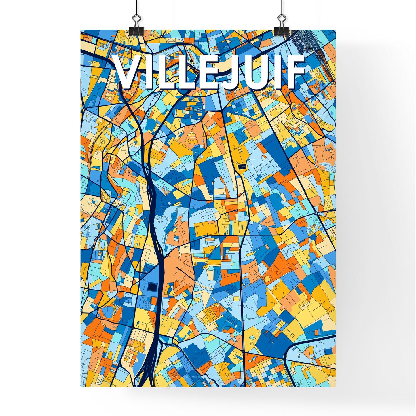 VILLEJUIF FRANCE Vibrant Colorful Art Map Poster Blue Orange