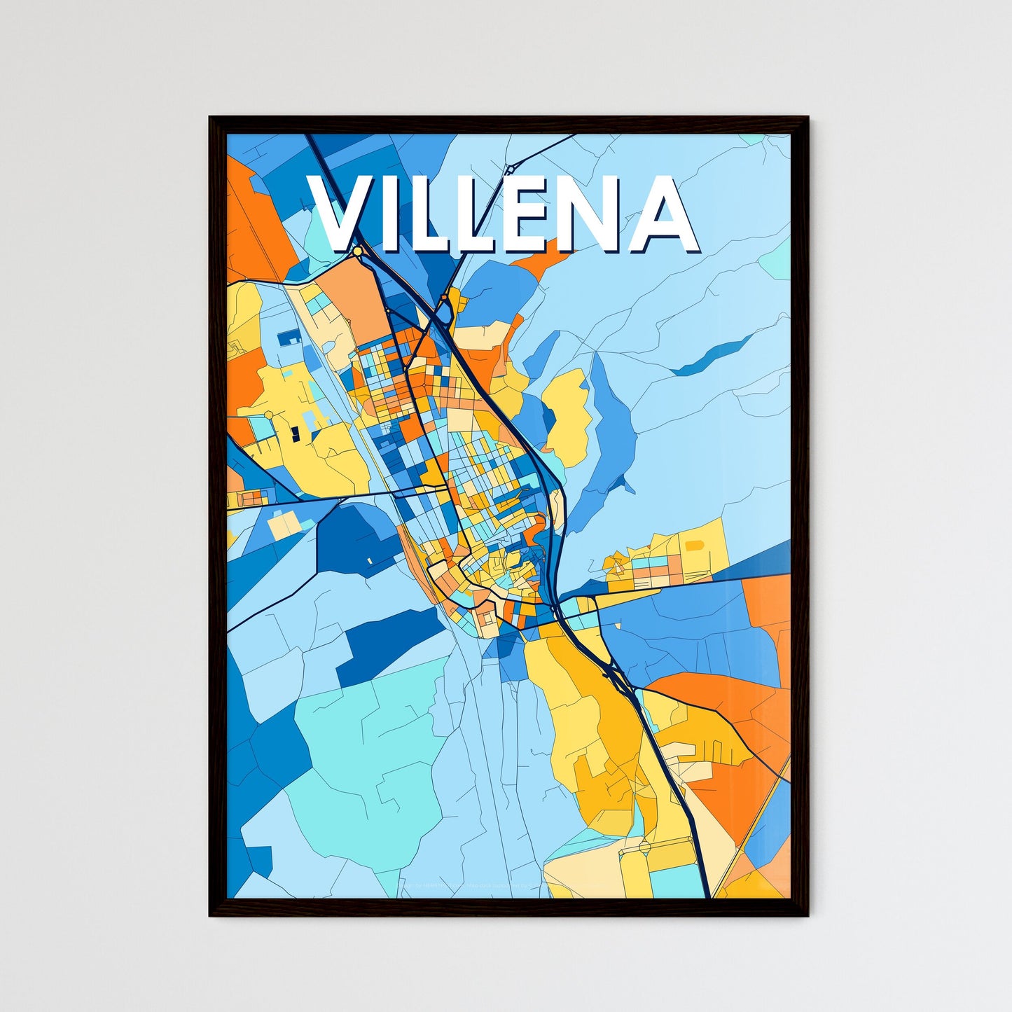 VILLENA SPAIN Vibrant Colorful Art Map Poster Blue Orange