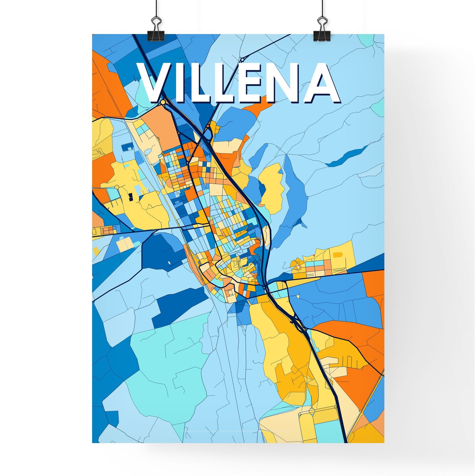 VILLENA SPAIN Vibrant Colorful Art Map Poster Blue Orange