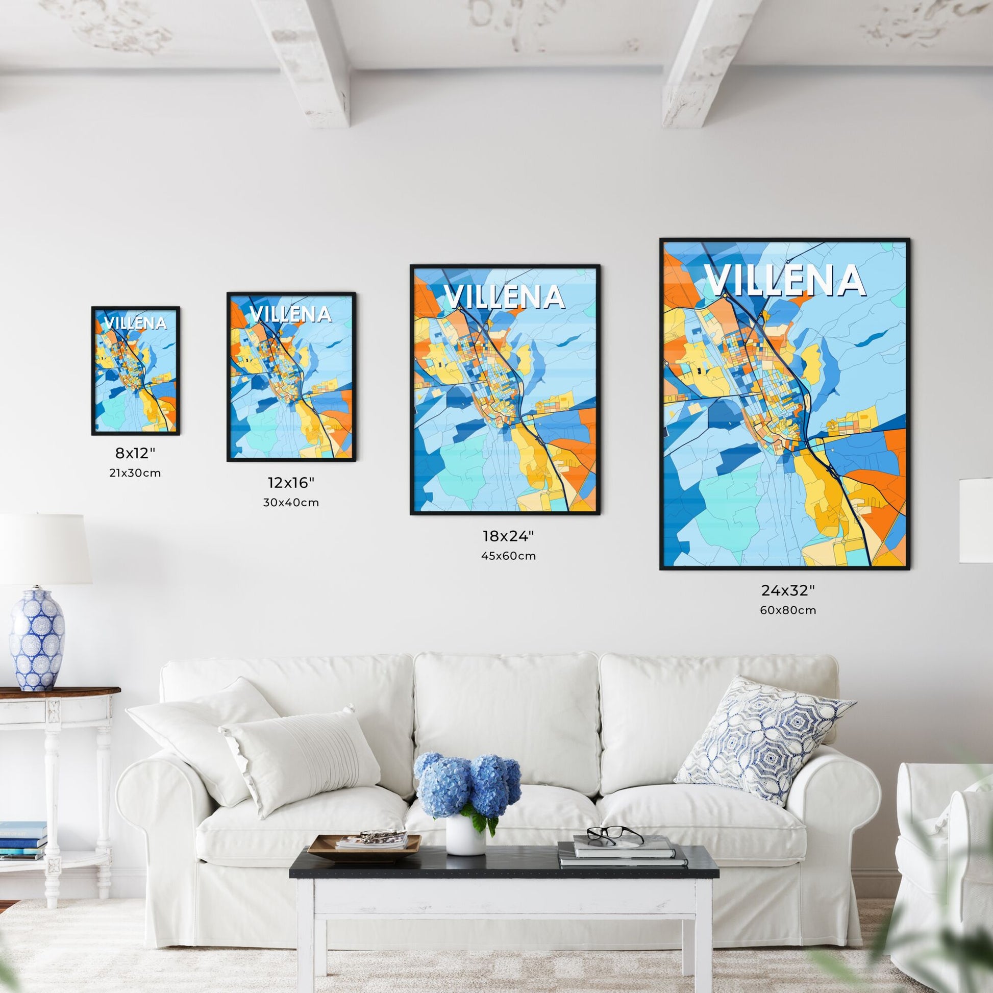 VILLENA SPAIN Vibrant Colorful Art Map Poster Blue Orange