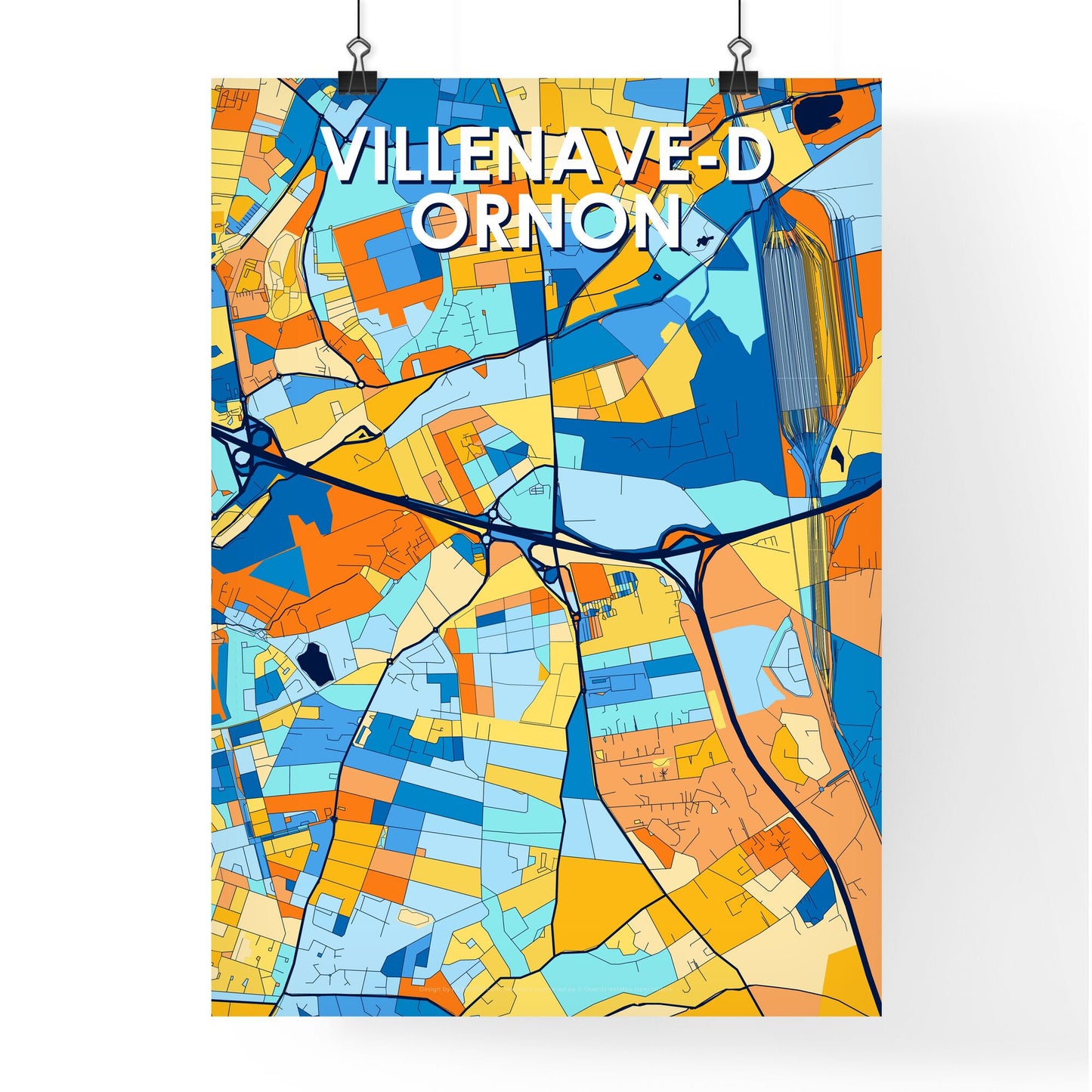 VILLENAVE-D ORNON FRANCE Vibrant Colorful Art Map Poster Blue Orange