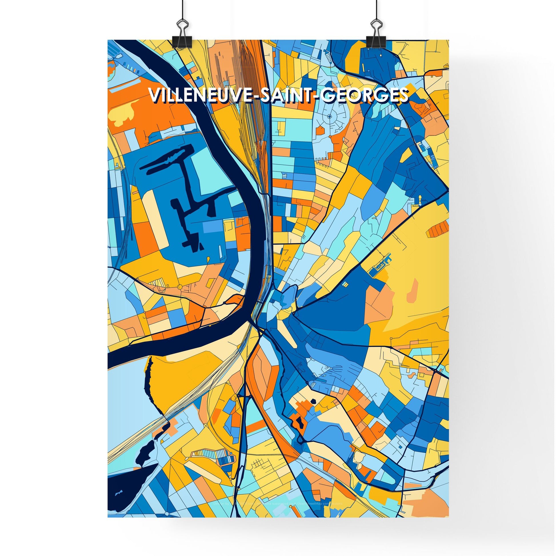 VILLENEUVE-SAINT-GEORGES FRANCE Vibrant Colorful Art Map Poster Blue Orange