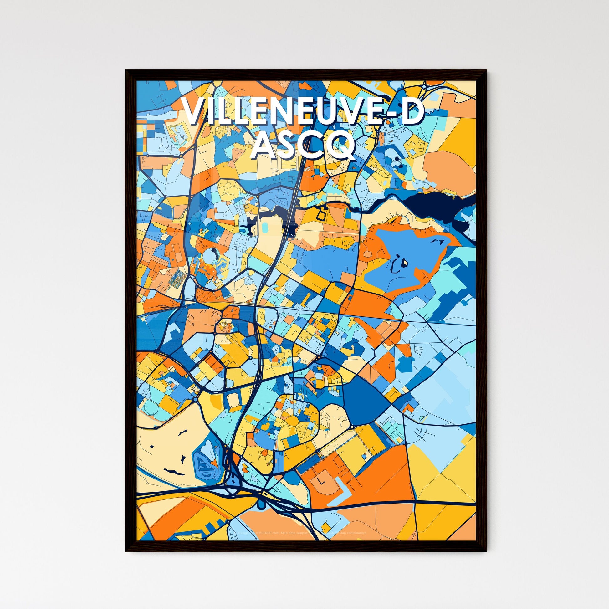 VILLENEUVE-D ASCQ FRANCE Vibrant Colorful Art Map Poster Blue Orange