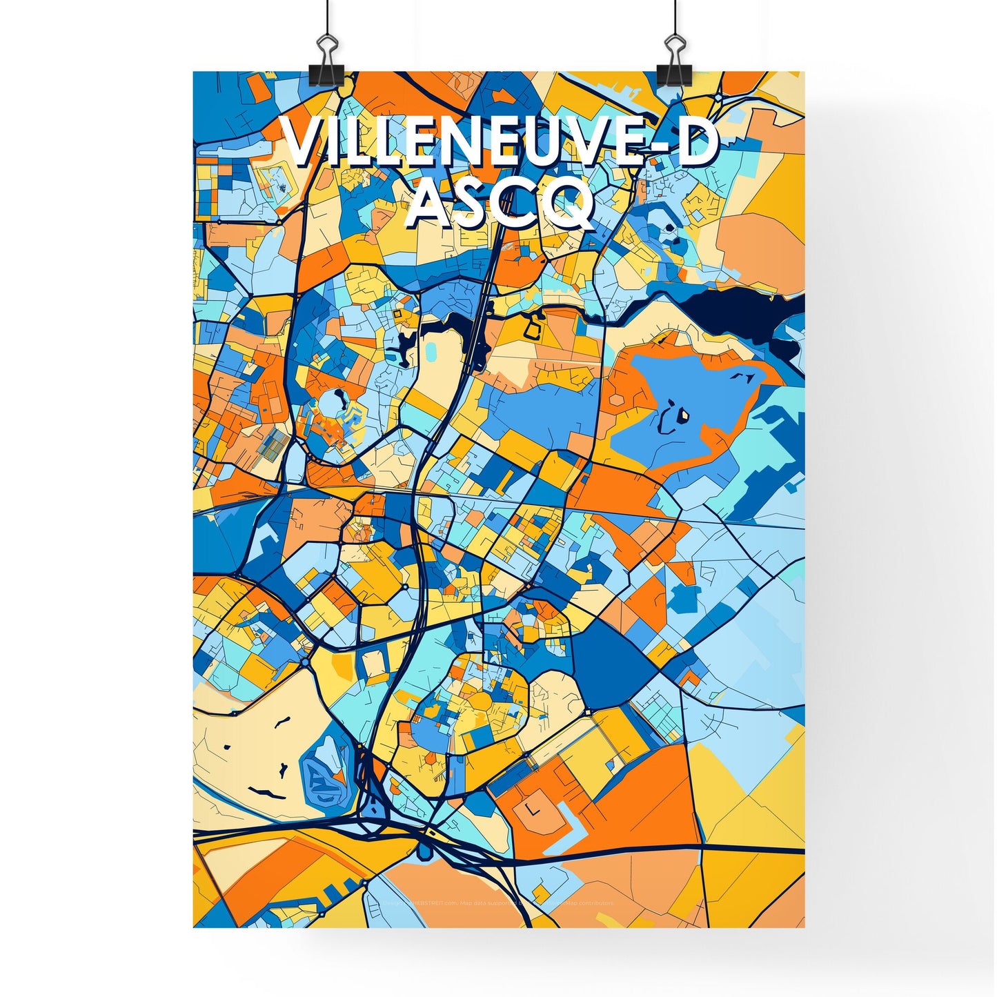 VILLENEUVE-D ASCQ FRANCE Vibrant Colorful Art Map Poster Blue Orange