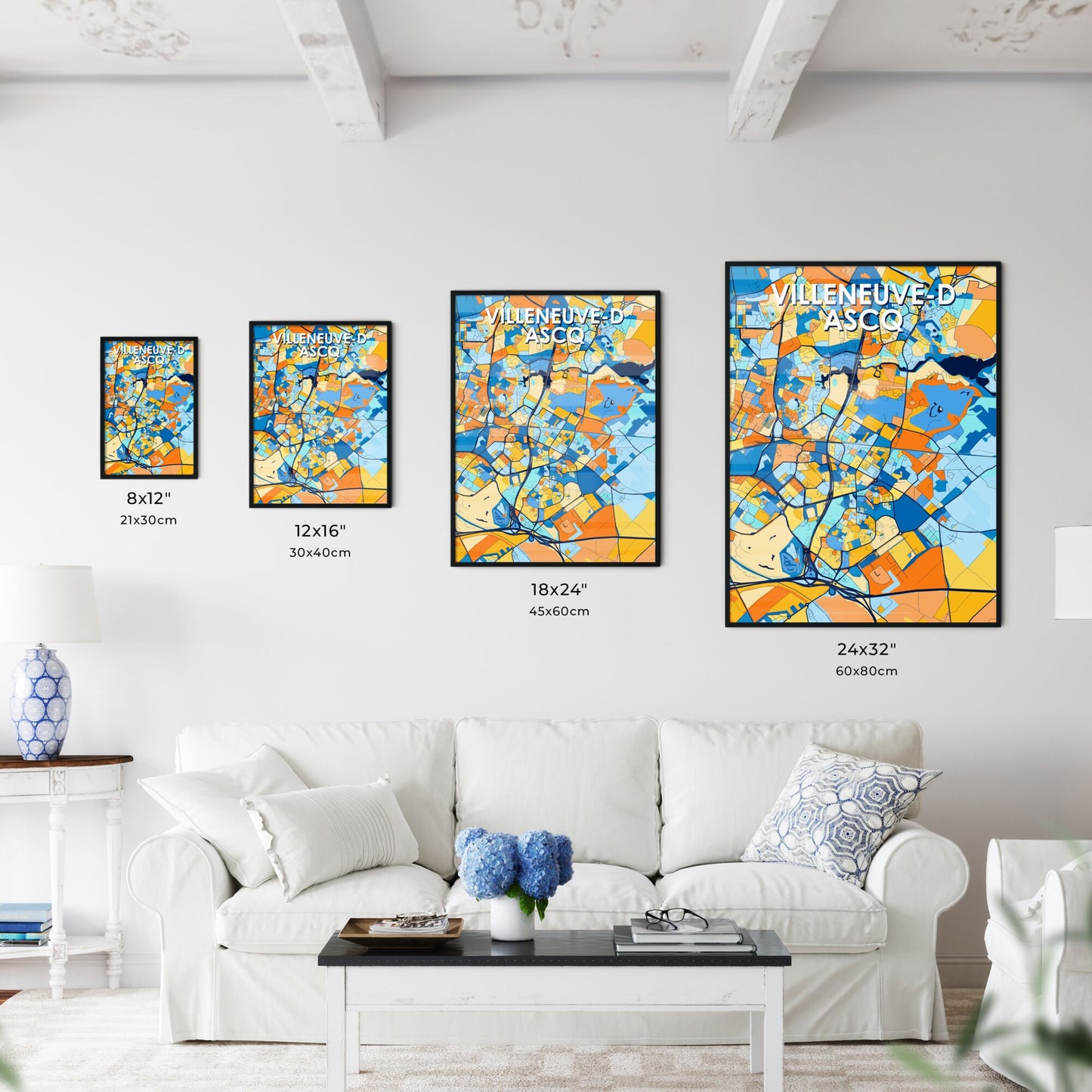 VILLENEUVE-D ASCQ FRANCE Vibrant Colorful Art Map Poster Blue Orange