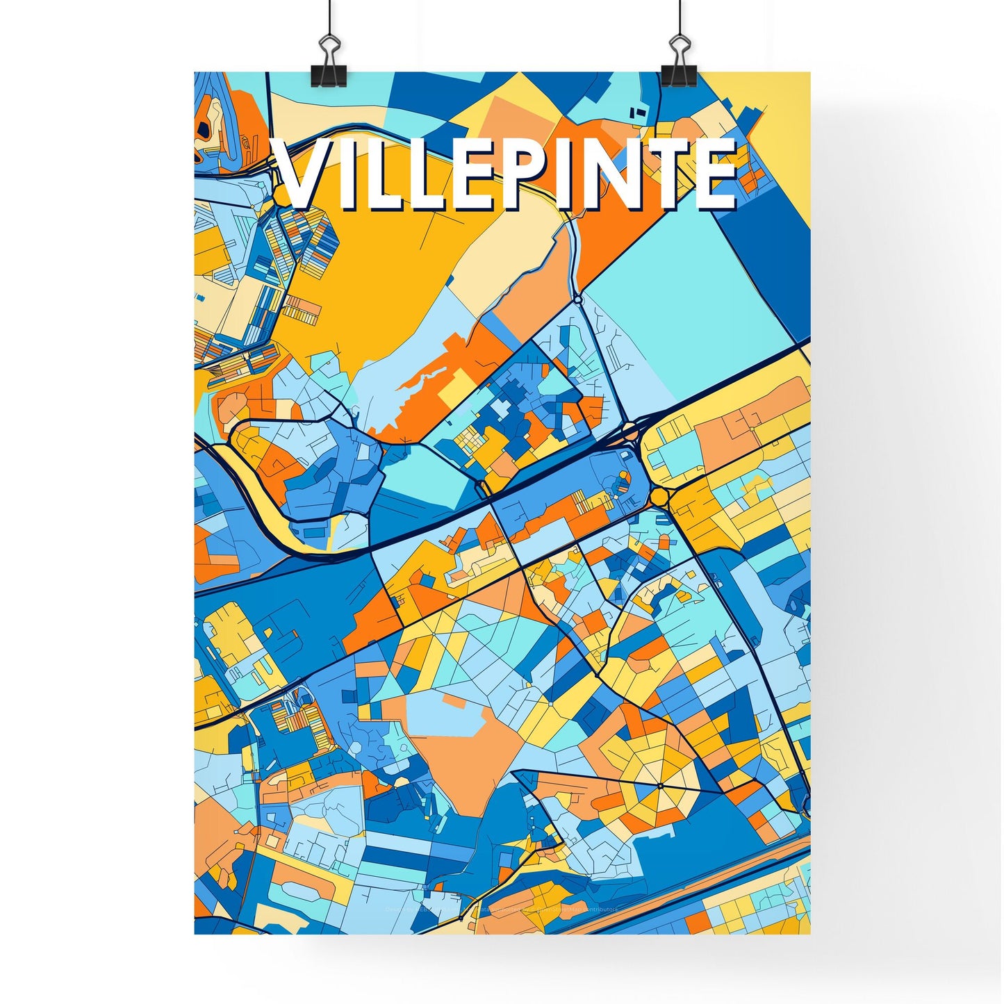 VILLEPINTE FRANCE Vibrant Colorful Art Map Poster Blue Orange