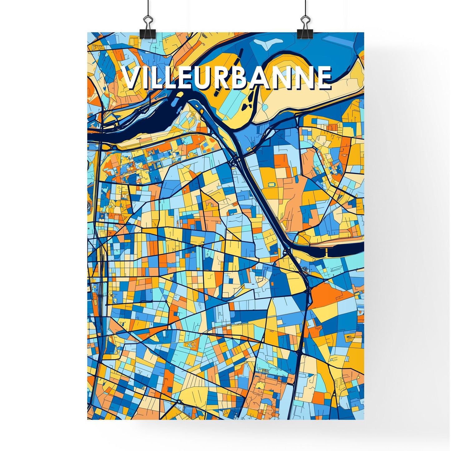 VILLEURBANNE FRANCE Vibrant Colorful Art Map Poster Blue Orange