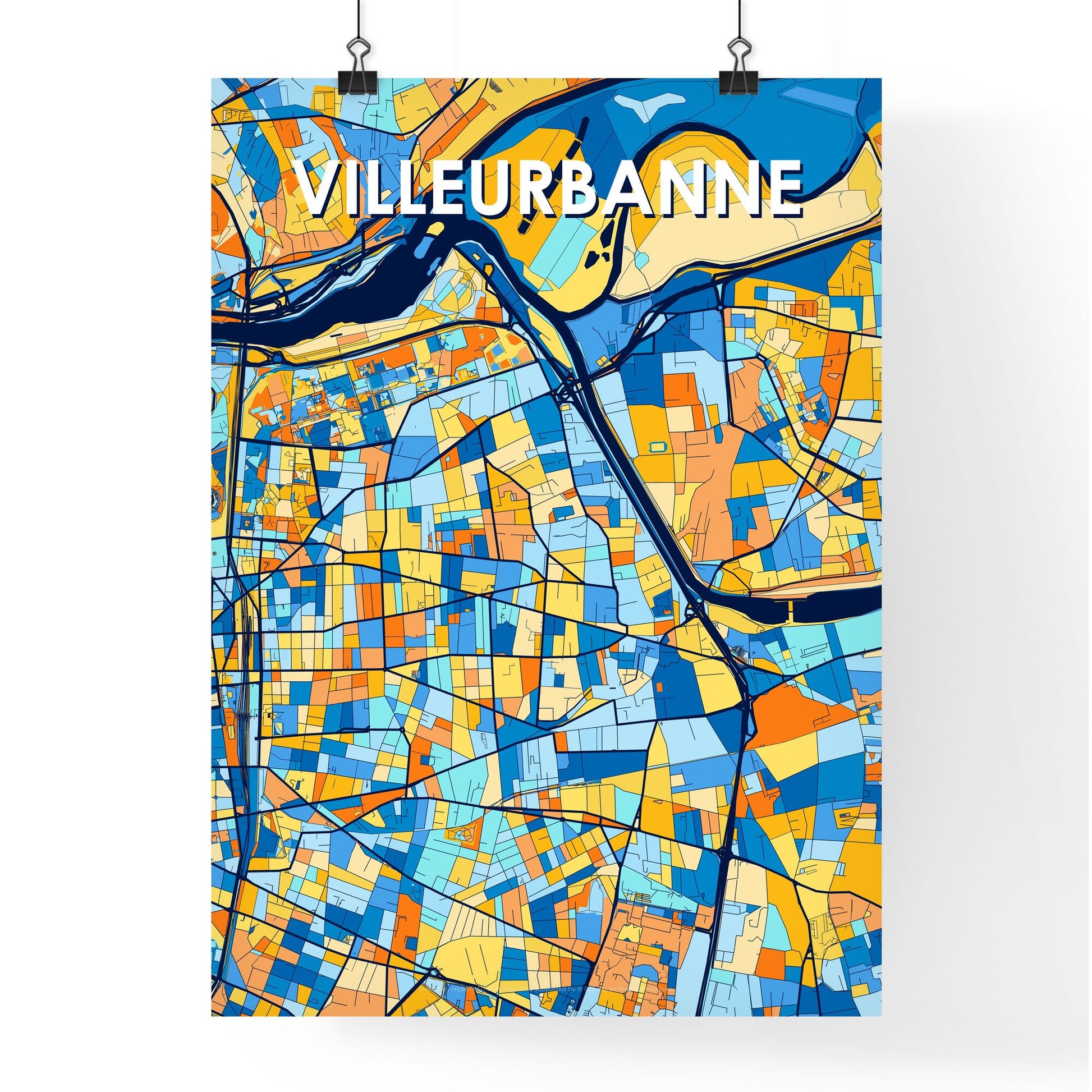 VILLEURBANNE FRANCE Vibrant Colorful Art Map Poster Blue Orange