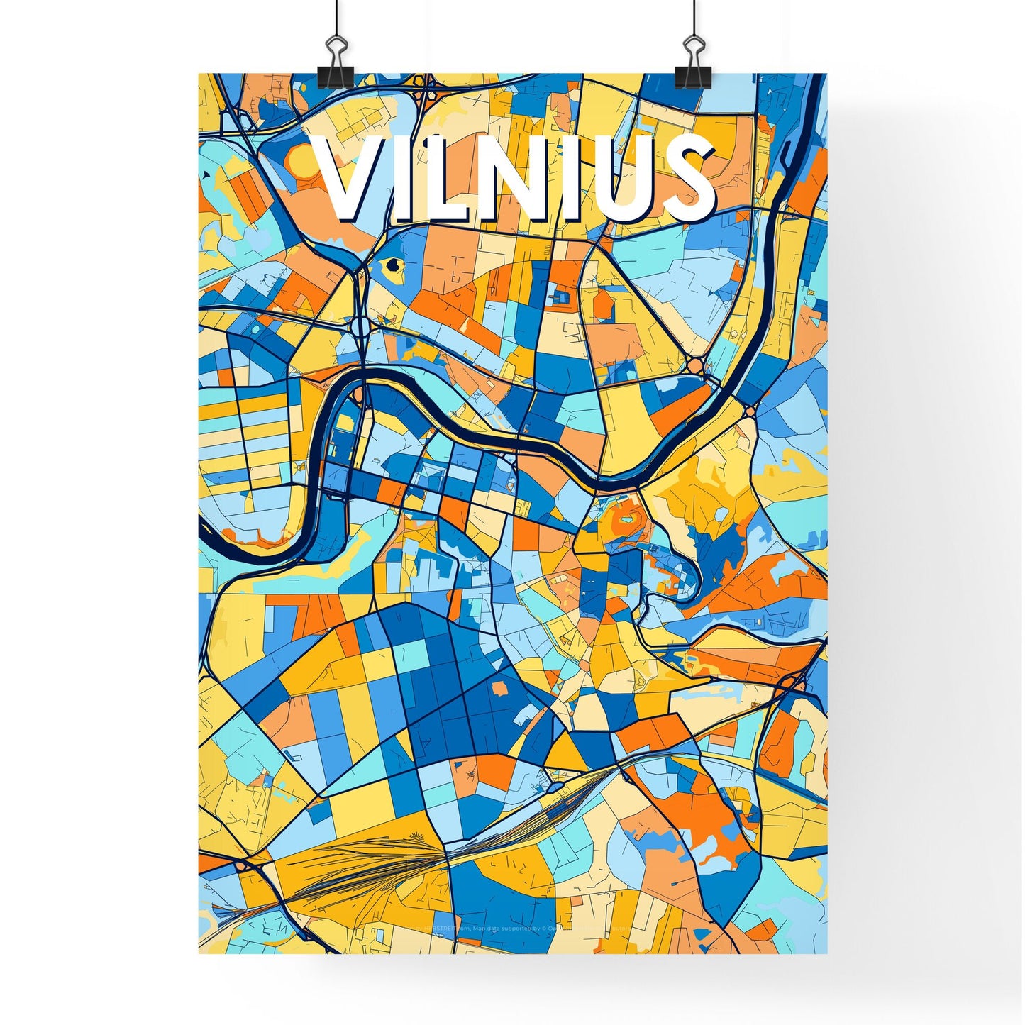 VILNIUS LITHUANIA Vibrant Colorful Art Map Poster Blue Orange