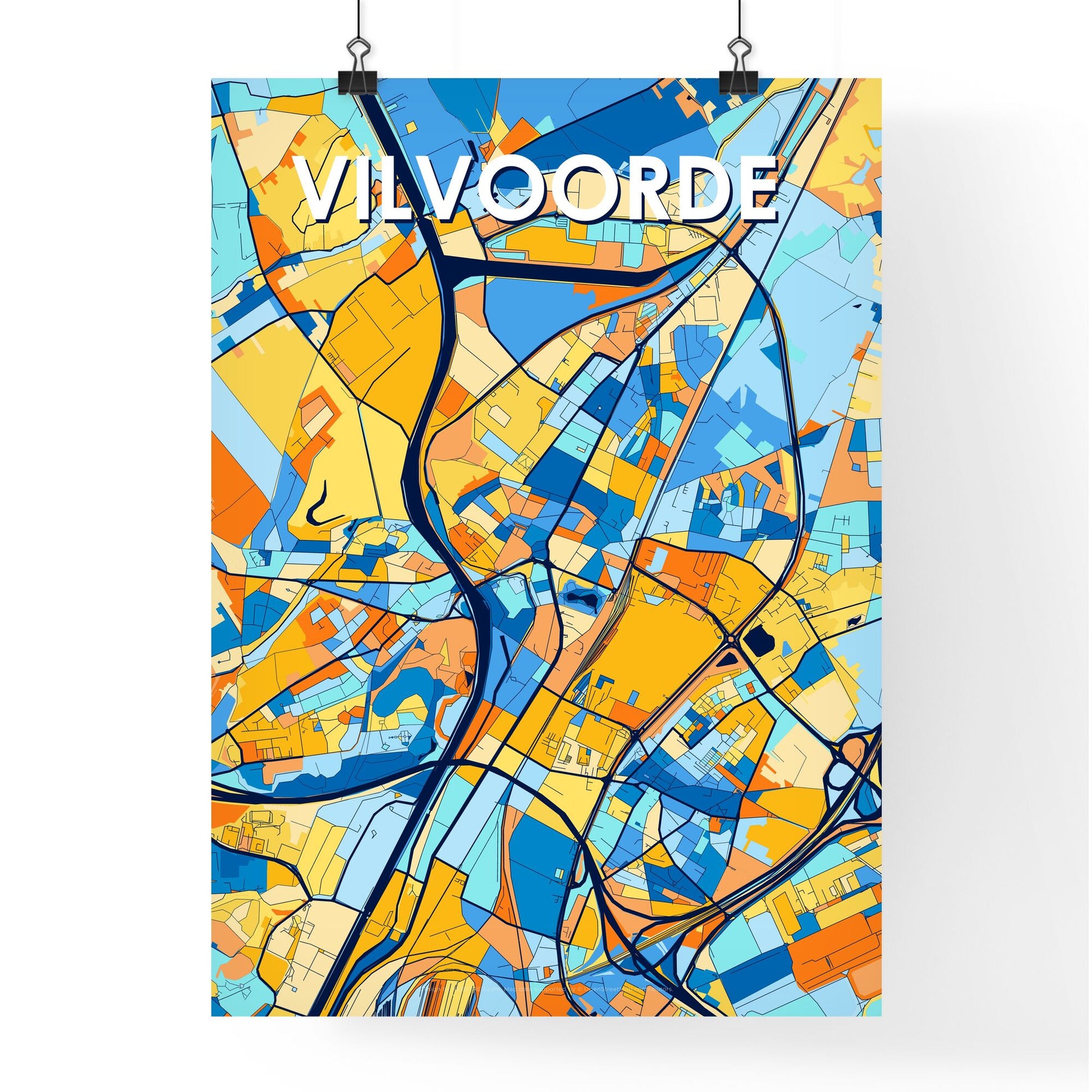 VILVOORDE BELGIUM Vibrant Colorful Art Map Poster Blue Orange