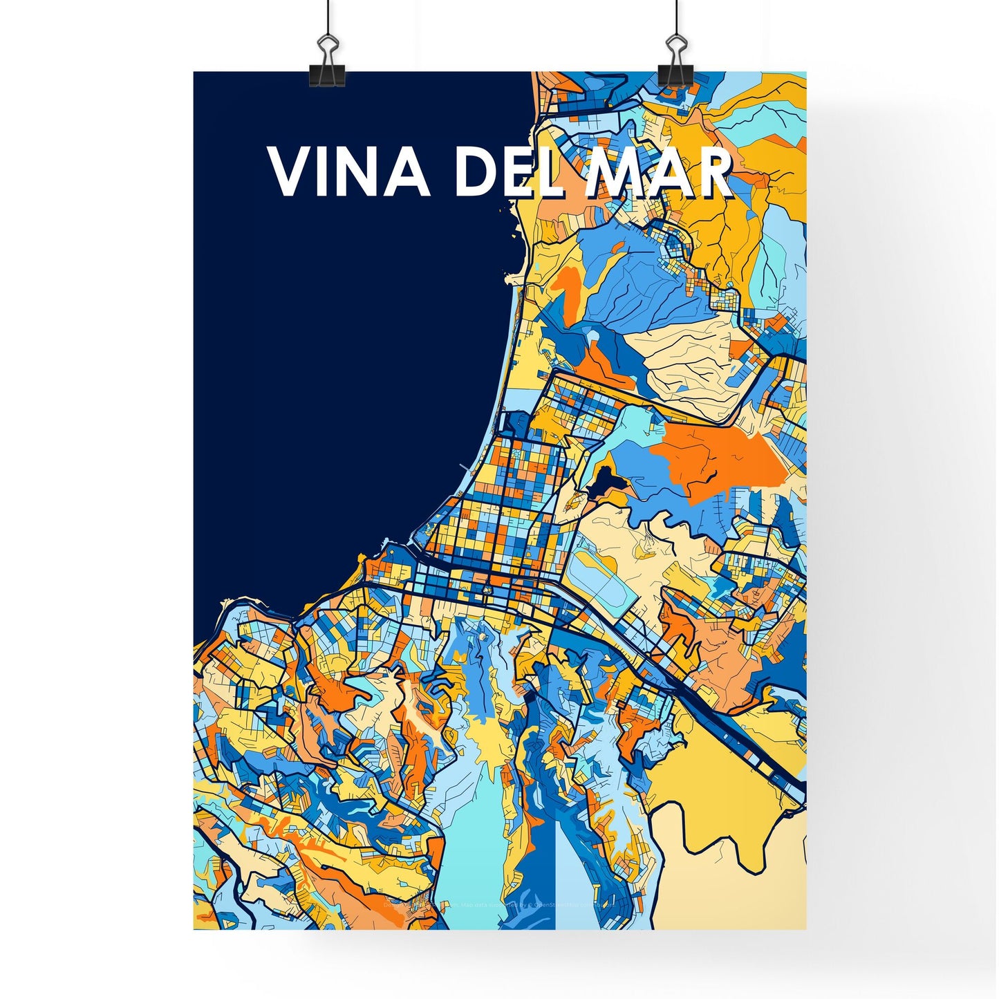 VINA DEL MAR CHILE Vibrant Colorful Art Map Poster Blue Orange