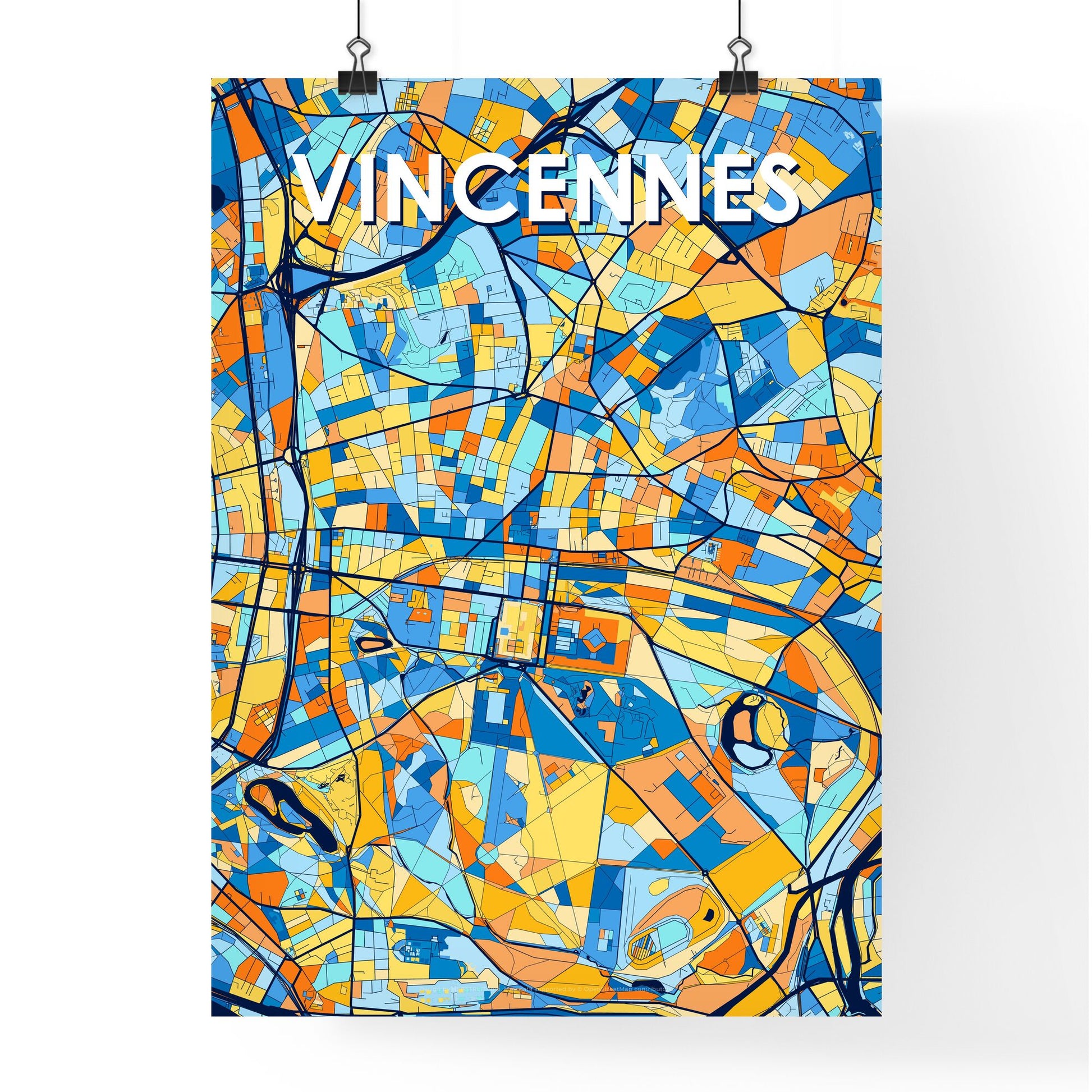 VINCENNES FRANCE Vibrant Colorful Art Map Poster Blue Orange