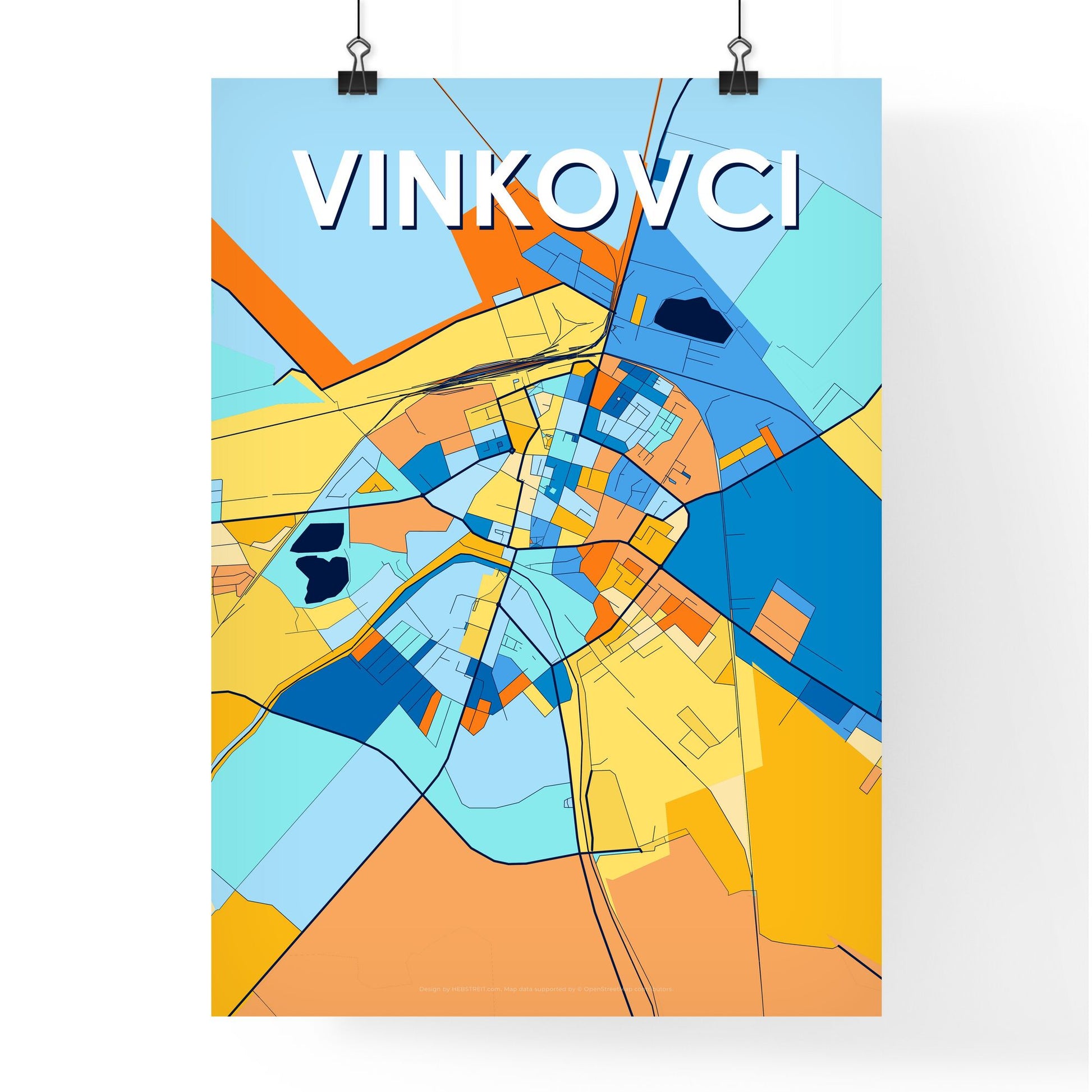 VINKOVCI CROATIA Vibrant Colorful Art Map Poster Blue Orange