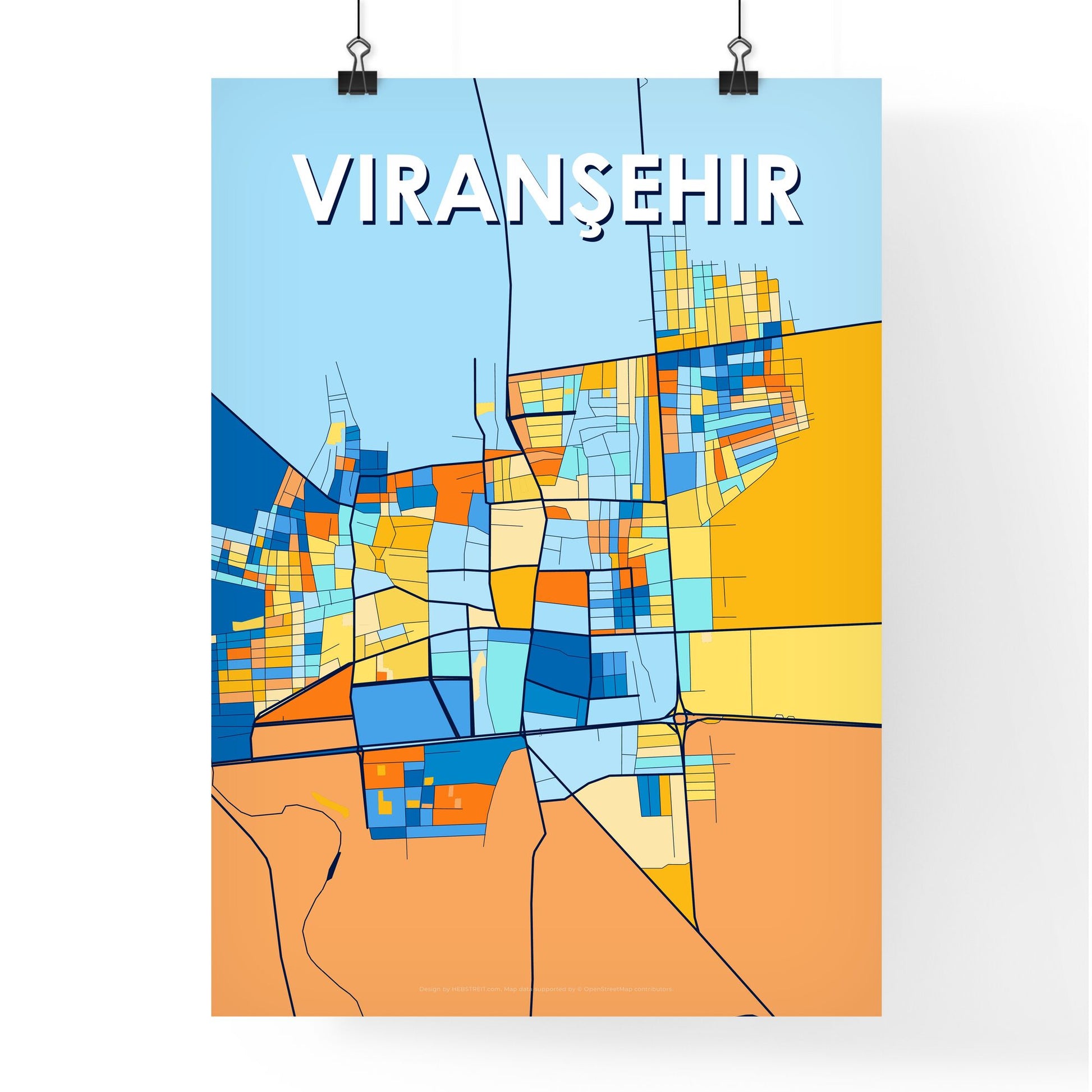 VIRANŞEHIR TURKEY Vibrant Colorful Art Map Poster Blue Orange