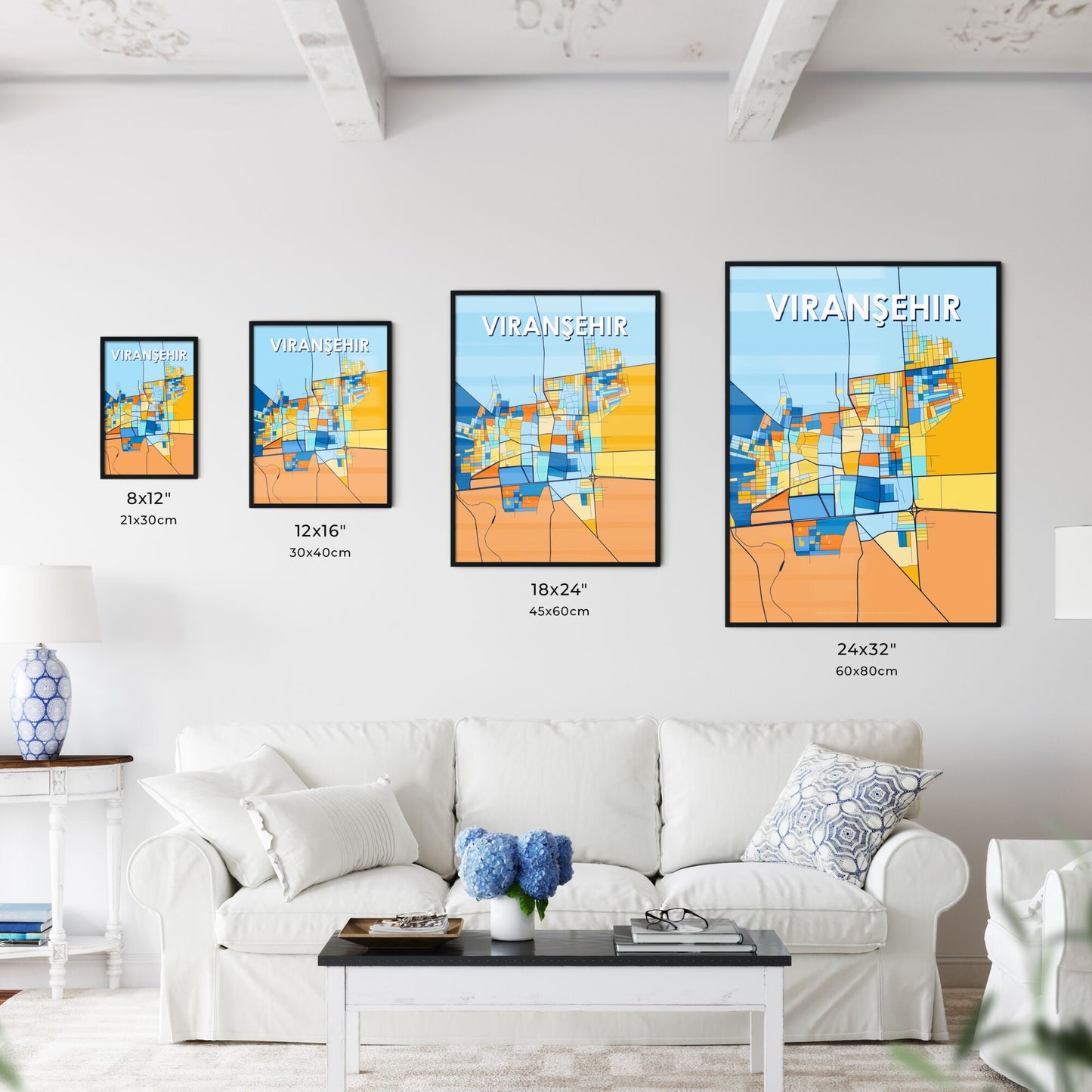 VIRANŞEHIR TURKEY Vibrant Colorful Art Map Poster Blue Orange