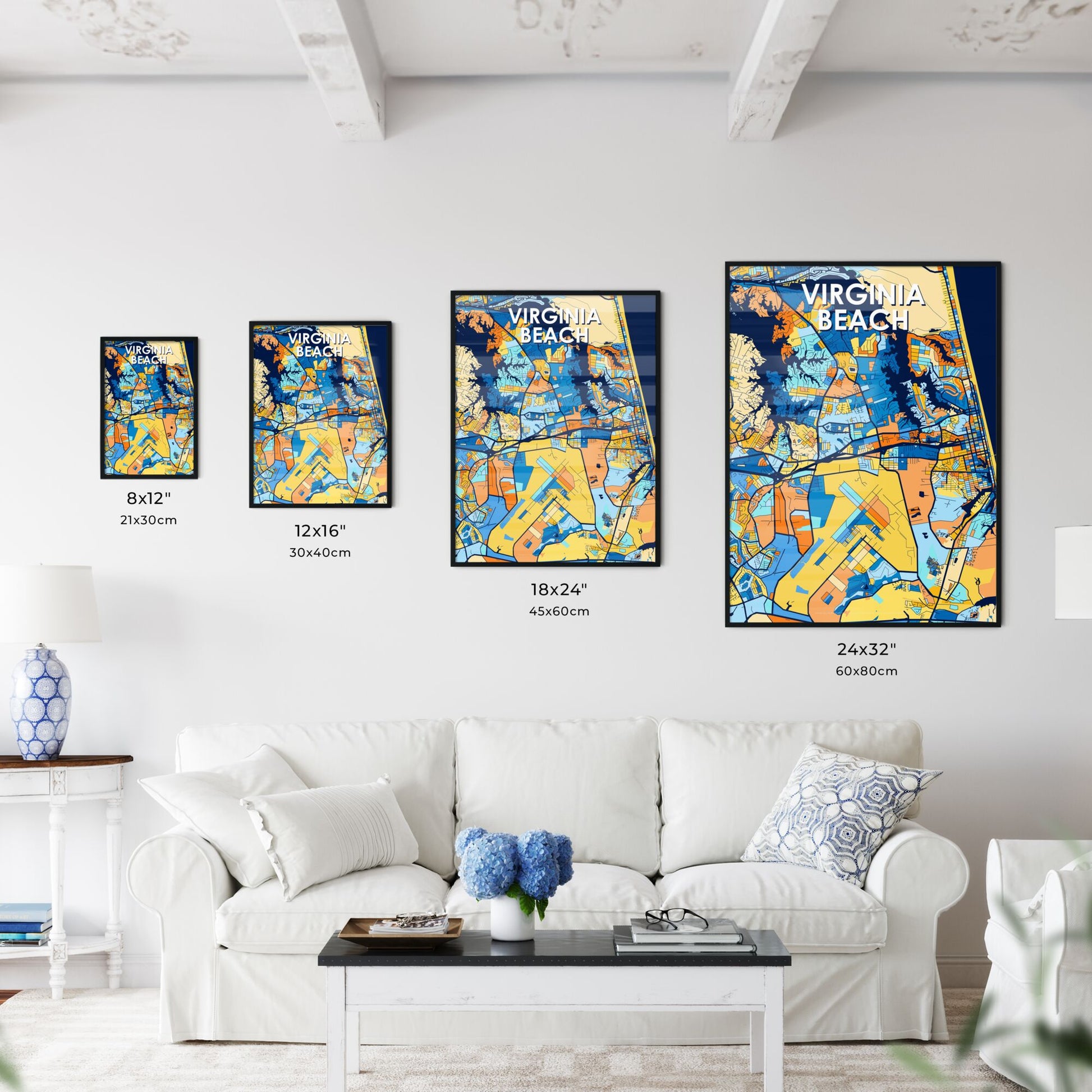 VIRGINIA BEACH VIRGINIA Vibrant Colorful Art Map Poster Blue Orange