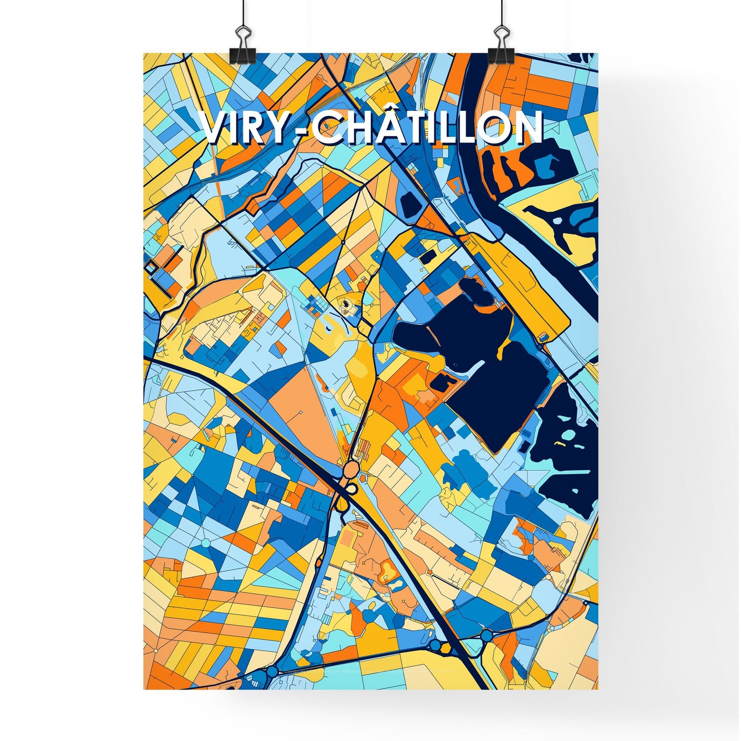 VIRY-CHÂTILLON FRANCE Vibrant Colorful Art Map Poster Blue Orange