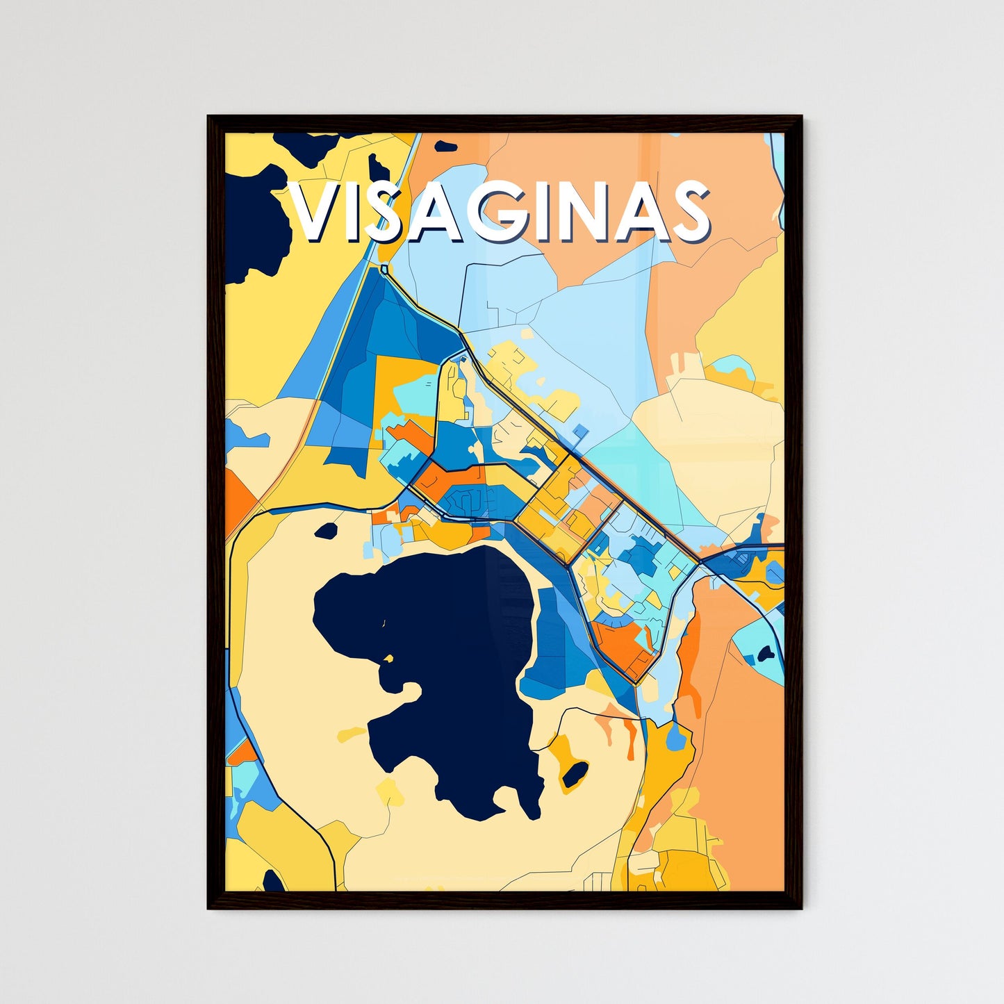 VISAGINAS LITHUANIA Vibrant Colorful Art Map Poster Blue Orange