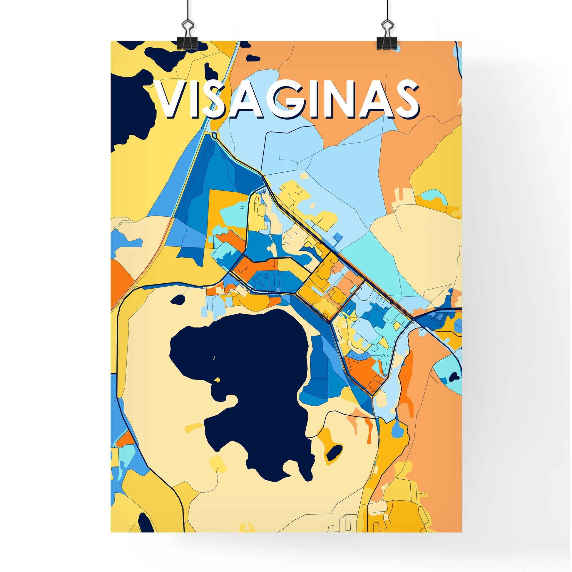 VISAGINAS LITHUANIA Vibrant Colorful Art Map Poster Blue Orange