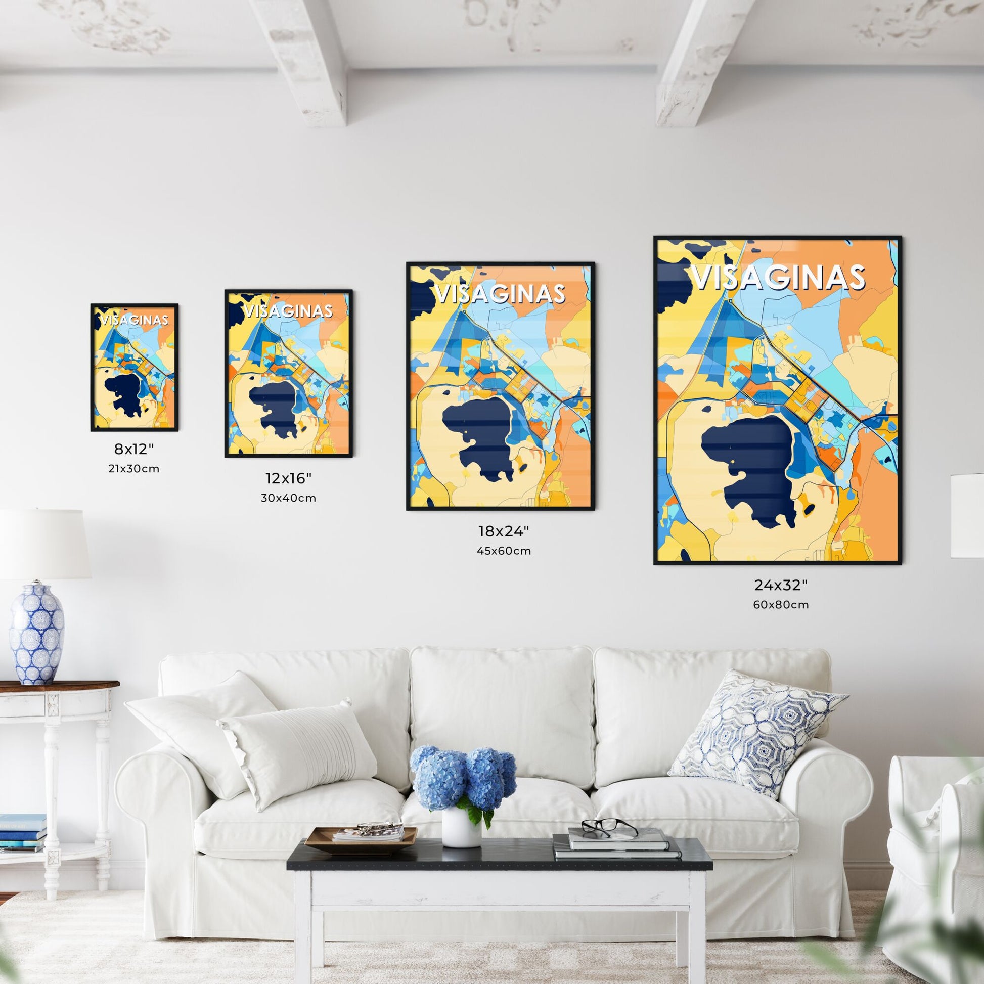 VISAGINAS LITHUANIA Vibrant Colorful Art Map Poster Blue Orange