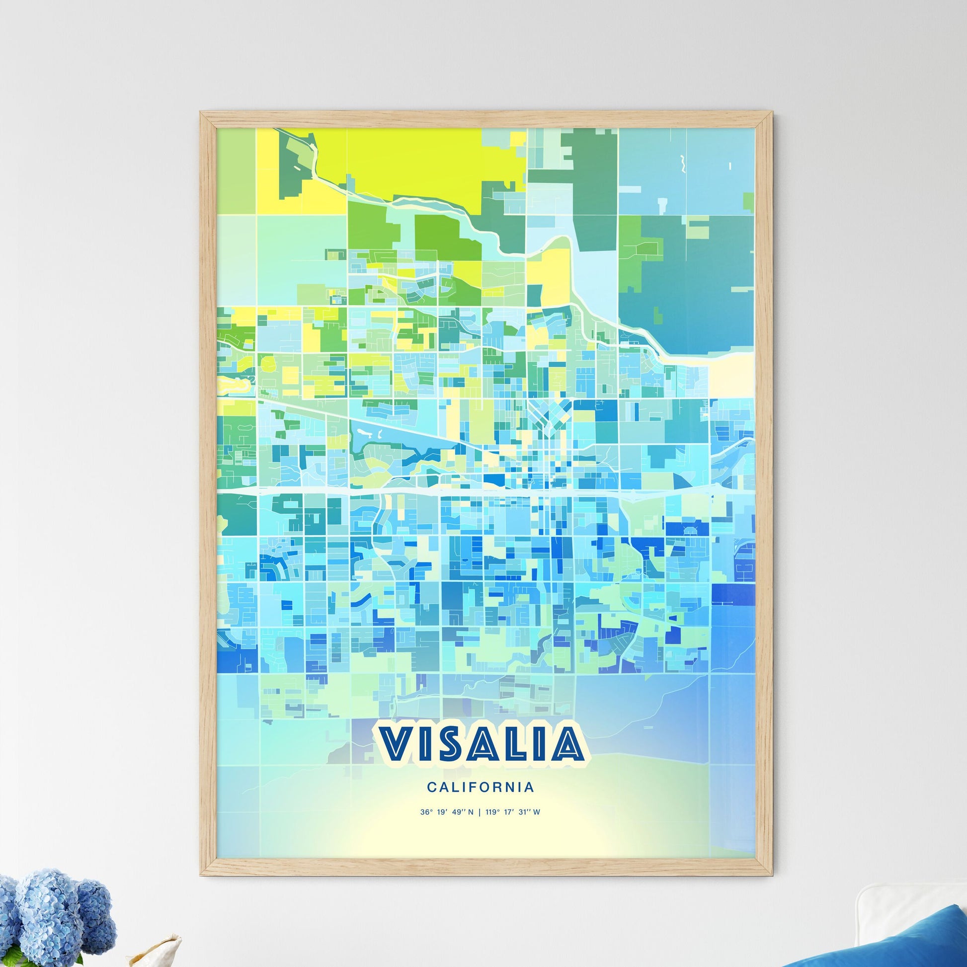 Colorful Visalia California Fine Art Map Cool Blue