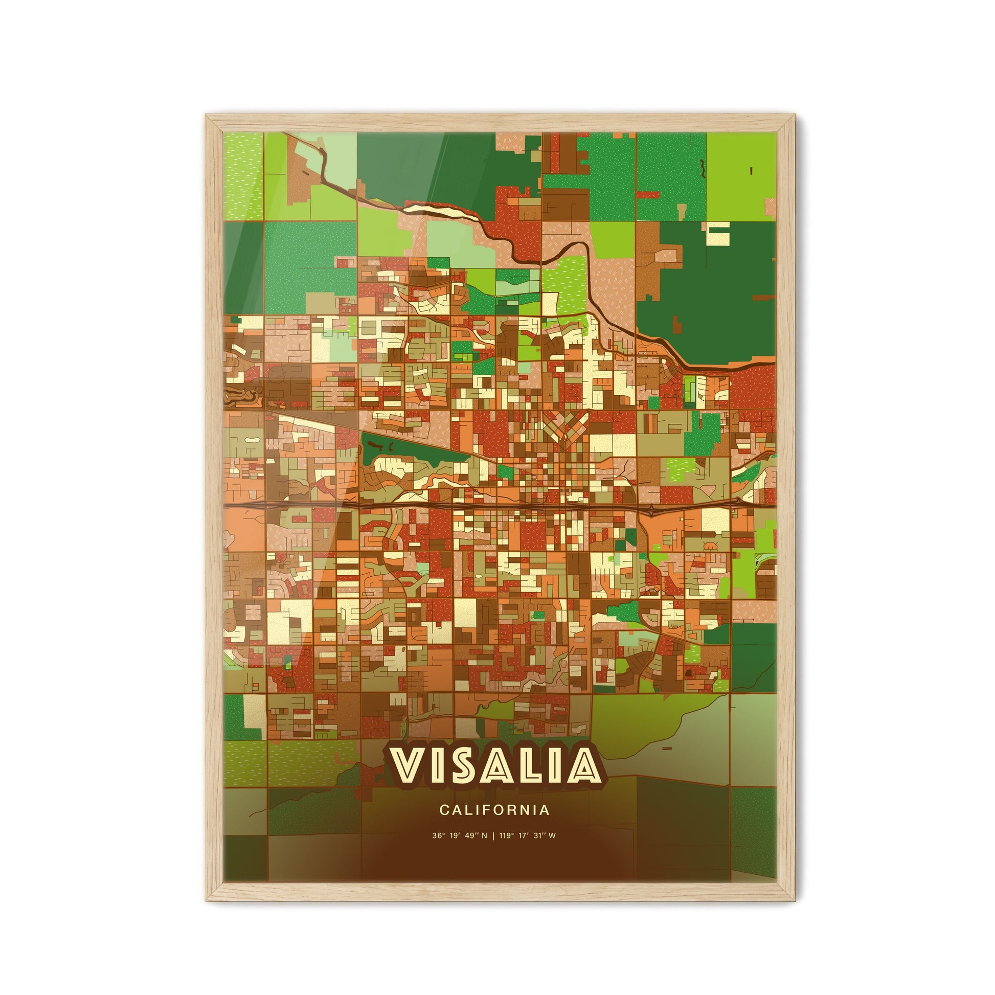 Colorful Visalia California Fine Art Map Farmhouse