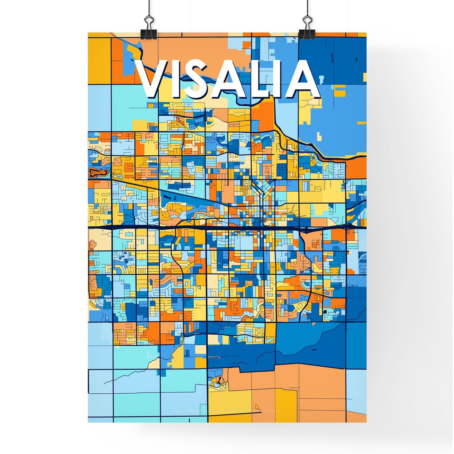 VISALIA CALIFORNIA Vibrant Colorful Art Map Poster Blue Orange