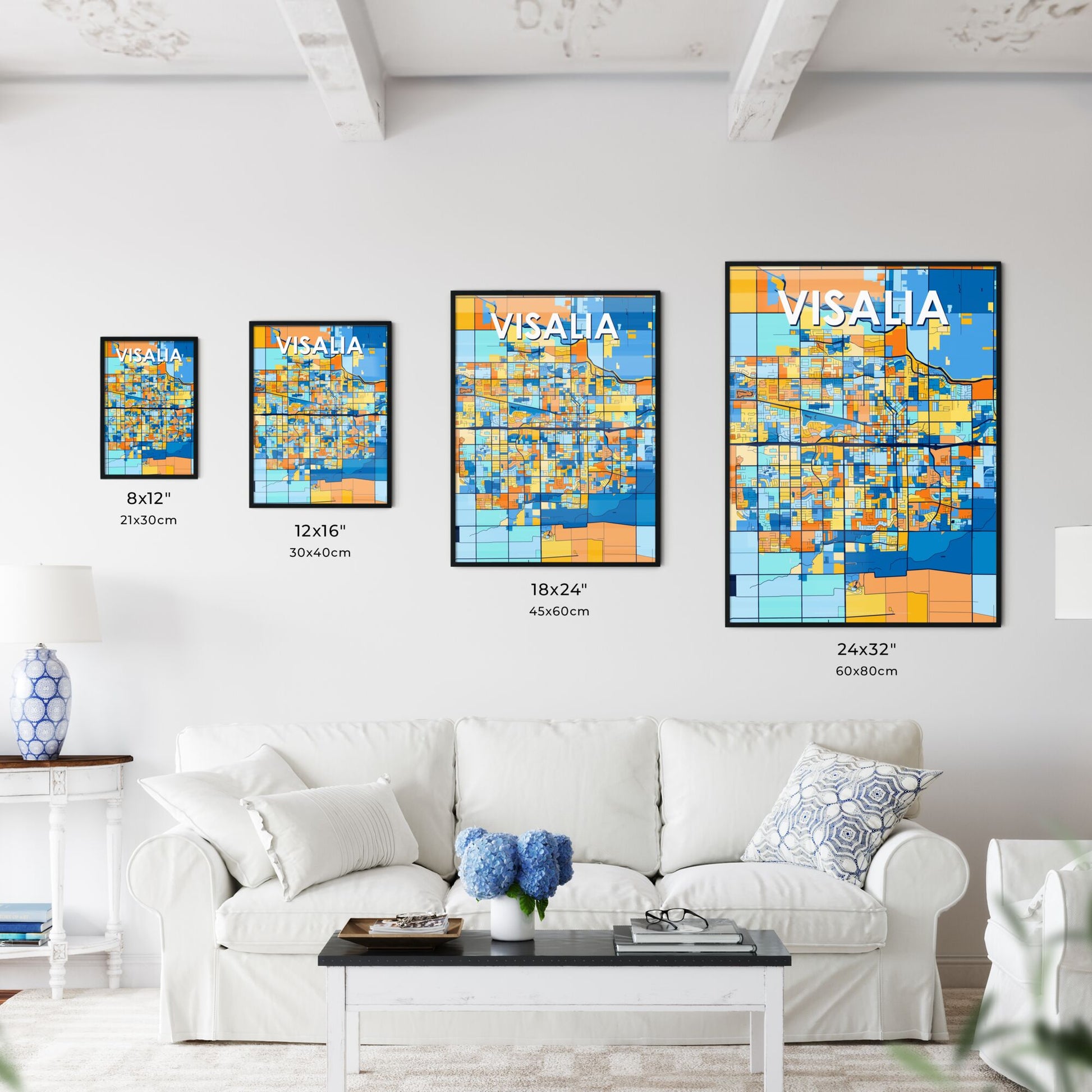 VISALIA CALIFORNIA Vibrant Colorful Art Map Poster Blue Orange