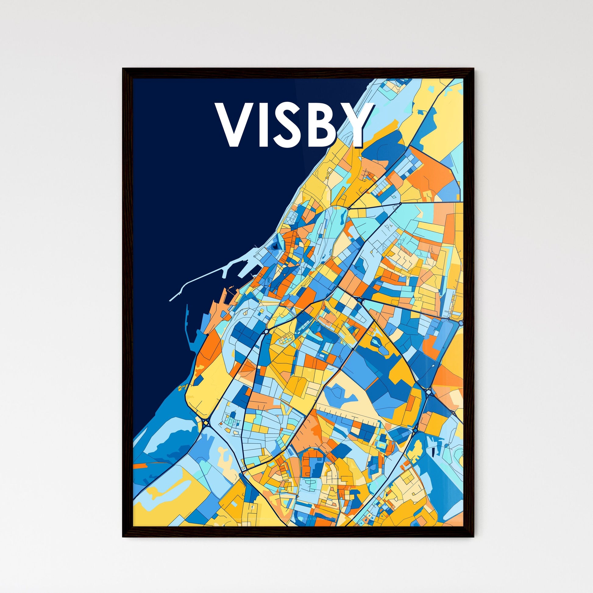 VISBY SWEDEN Vibrant Colorful Art Map Poster Blue Orange