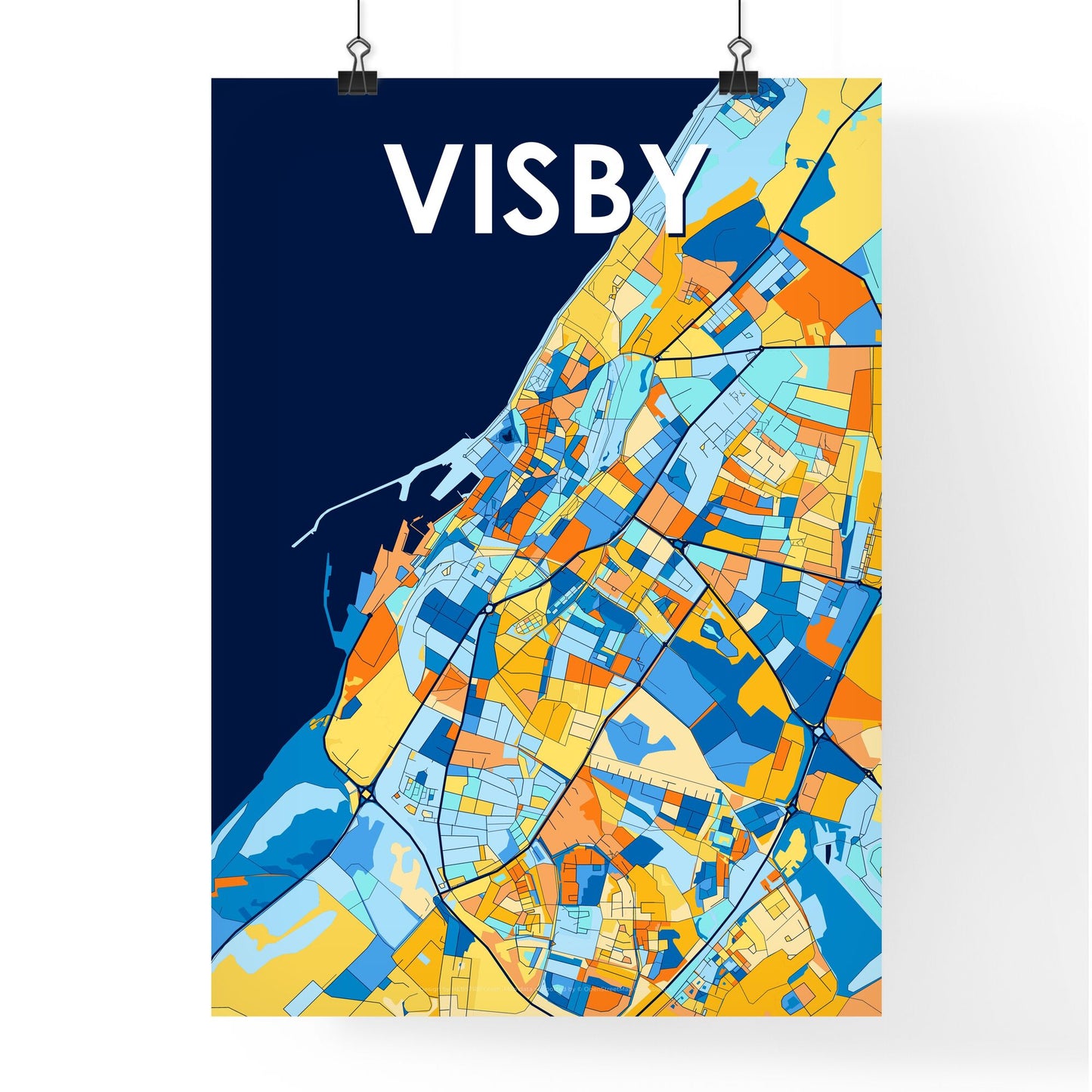 VISBY SWEDEN Vibrant Colorful Art Map Poster Blue Orange