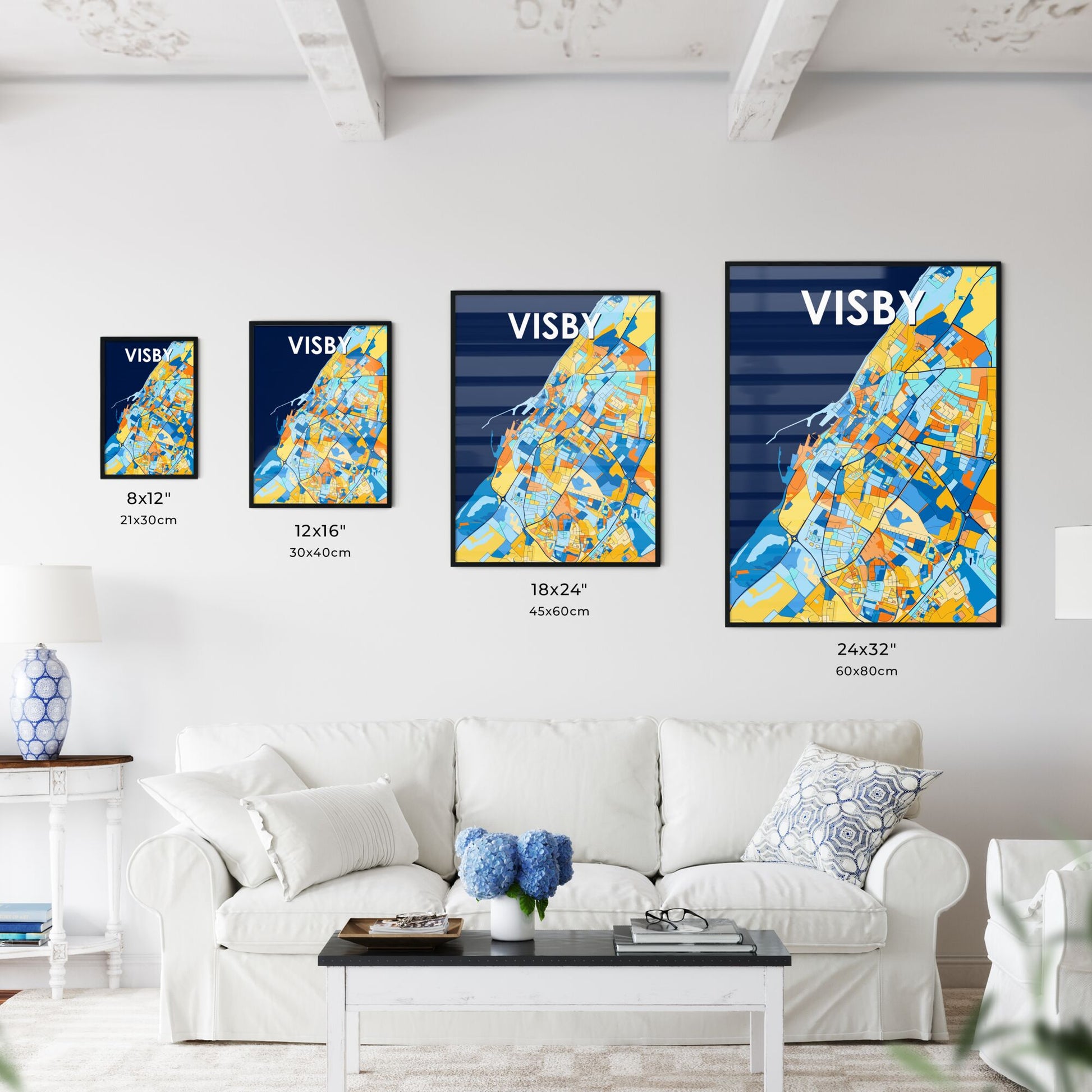 VISBY SWEDEN Vibrant Colorful Art Map Poster Blue Orange