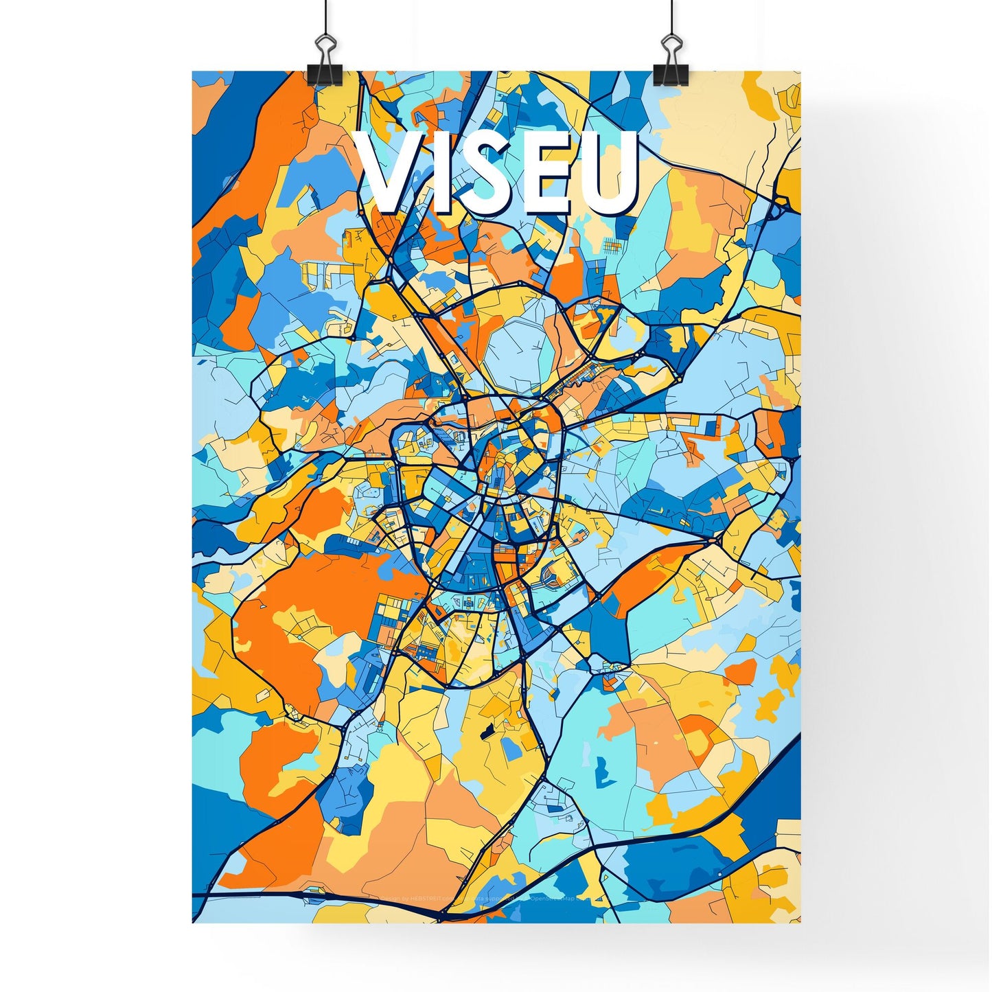 VISEU PORTUGAL Vibrant Colorful Art Map Poster Blue Orange