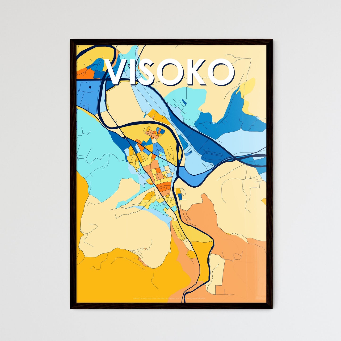 VISOKO BOSNIA AND HERZEGOVINA Vibrant Colorful Art Map Poster Blue Orange