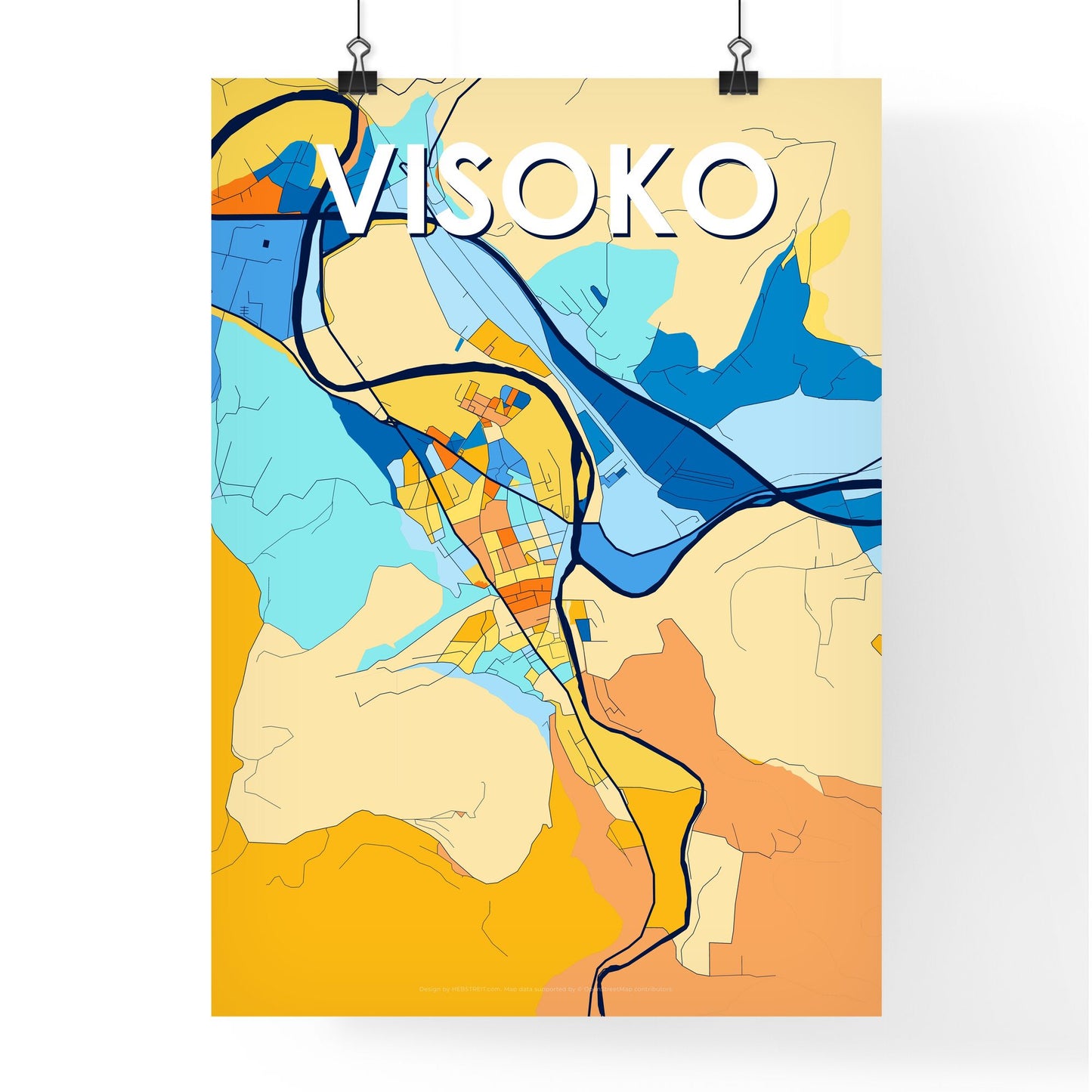 VISOKO BOSNIA AND HERZEGOVINA Vibrant Colorful Art Map Poster Blue Orange