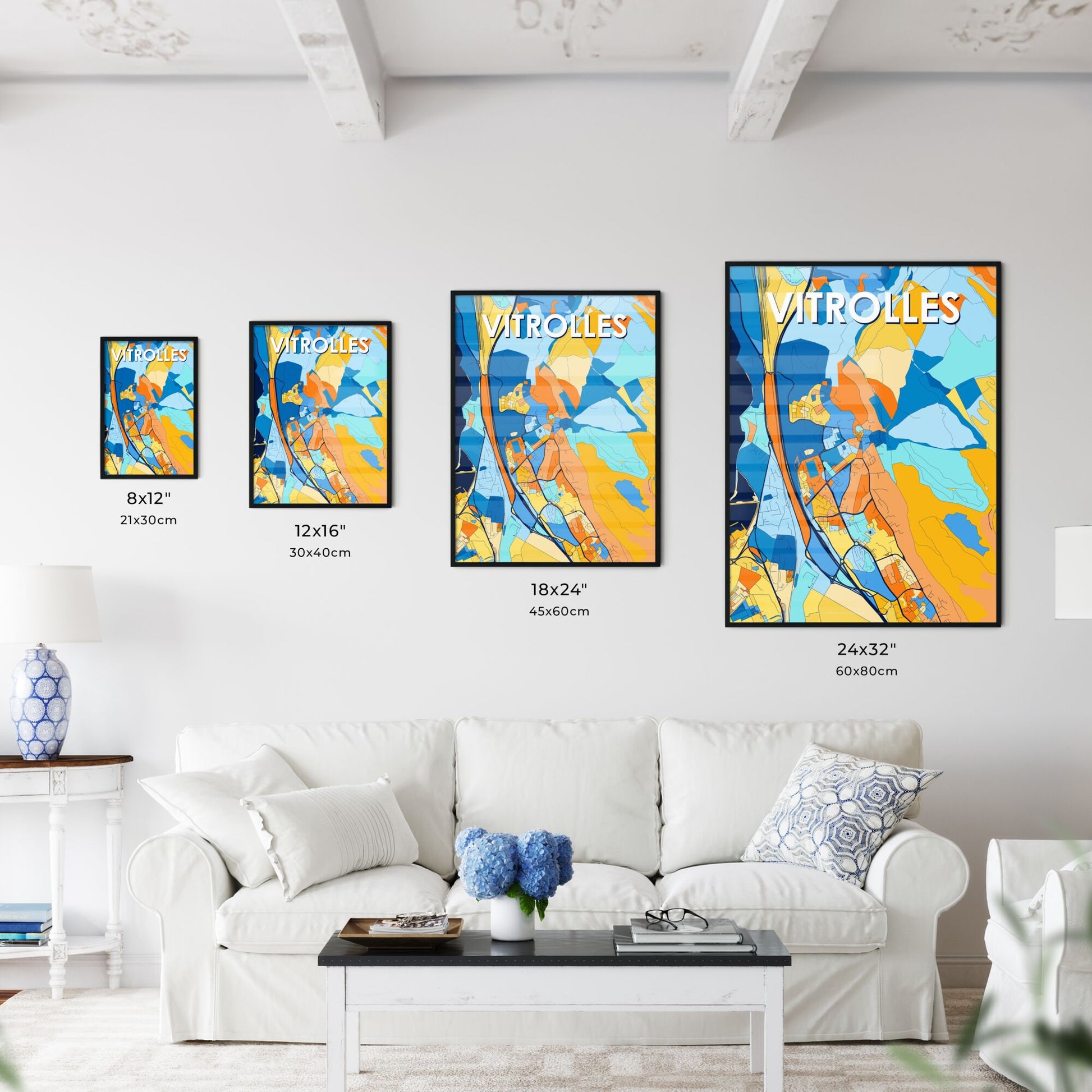 VITROLLES FRANCE Vibrant Colorful Art Map Poster Blue Orange