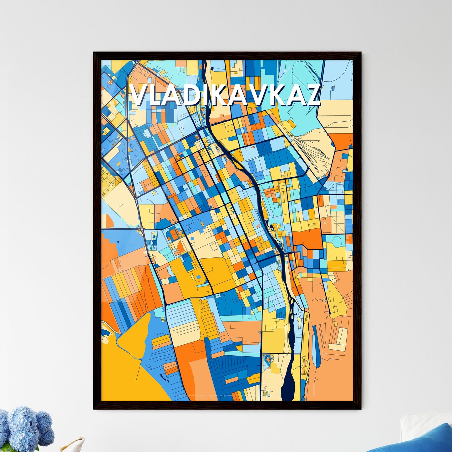 VLADIKAVKAZ RUSSIA Vibrant Colorful Art Map Poster Blue Orange