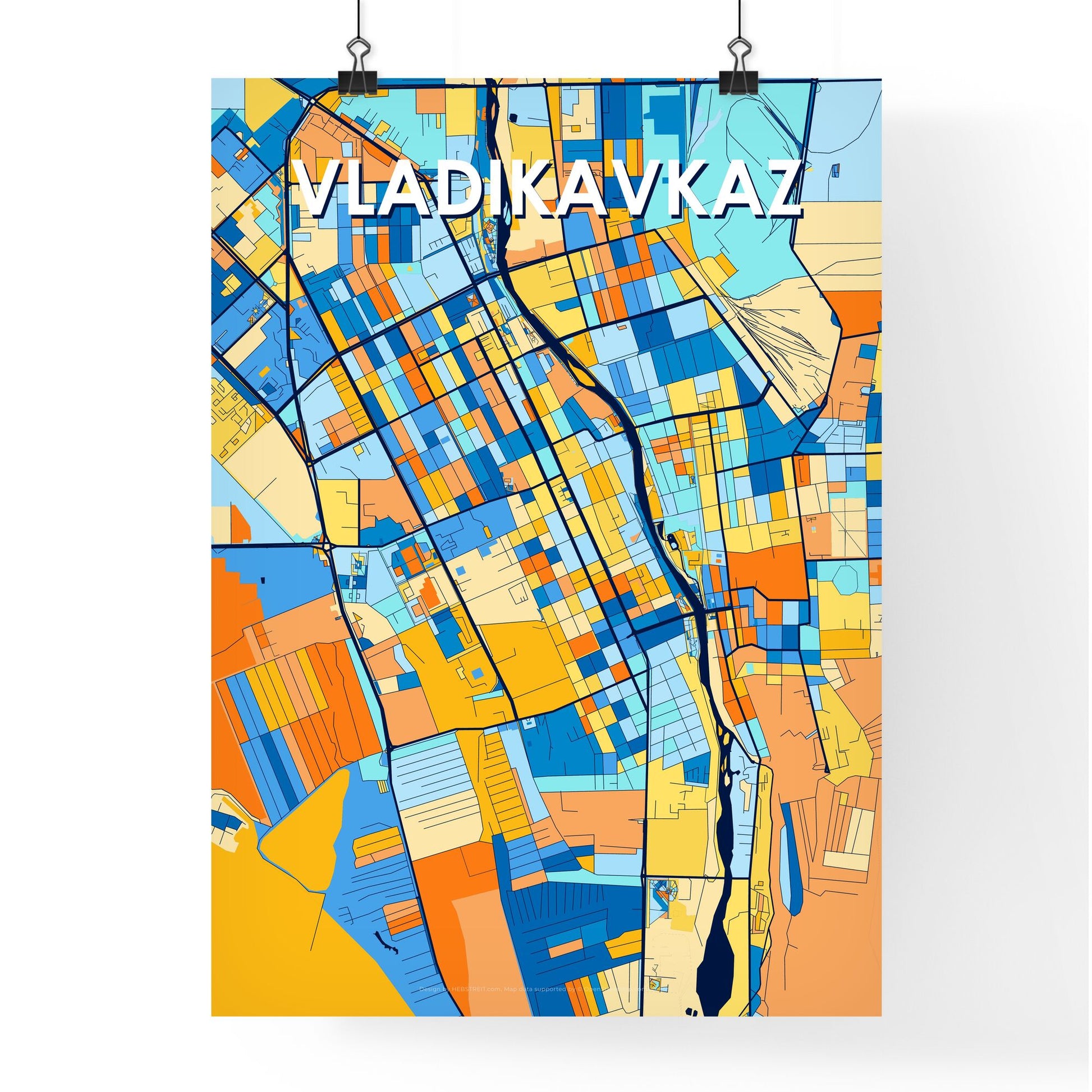 VLADIKAVKAZ RUSSIA Vibrant Colorful Art Map Poster Blue Orange