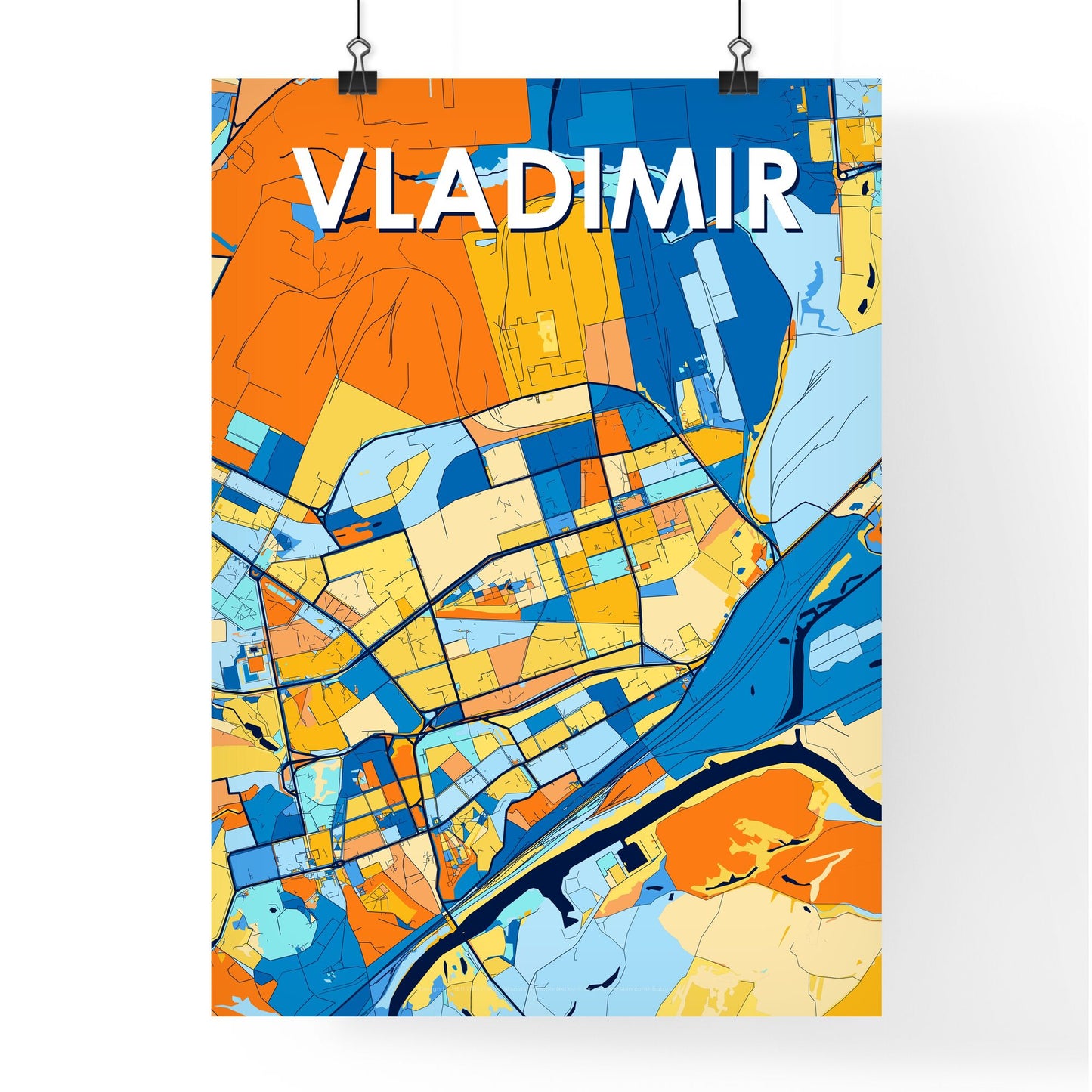 VLADIMIR RUSSIA Vibrant Colorful Art Map Poster Blue Orange