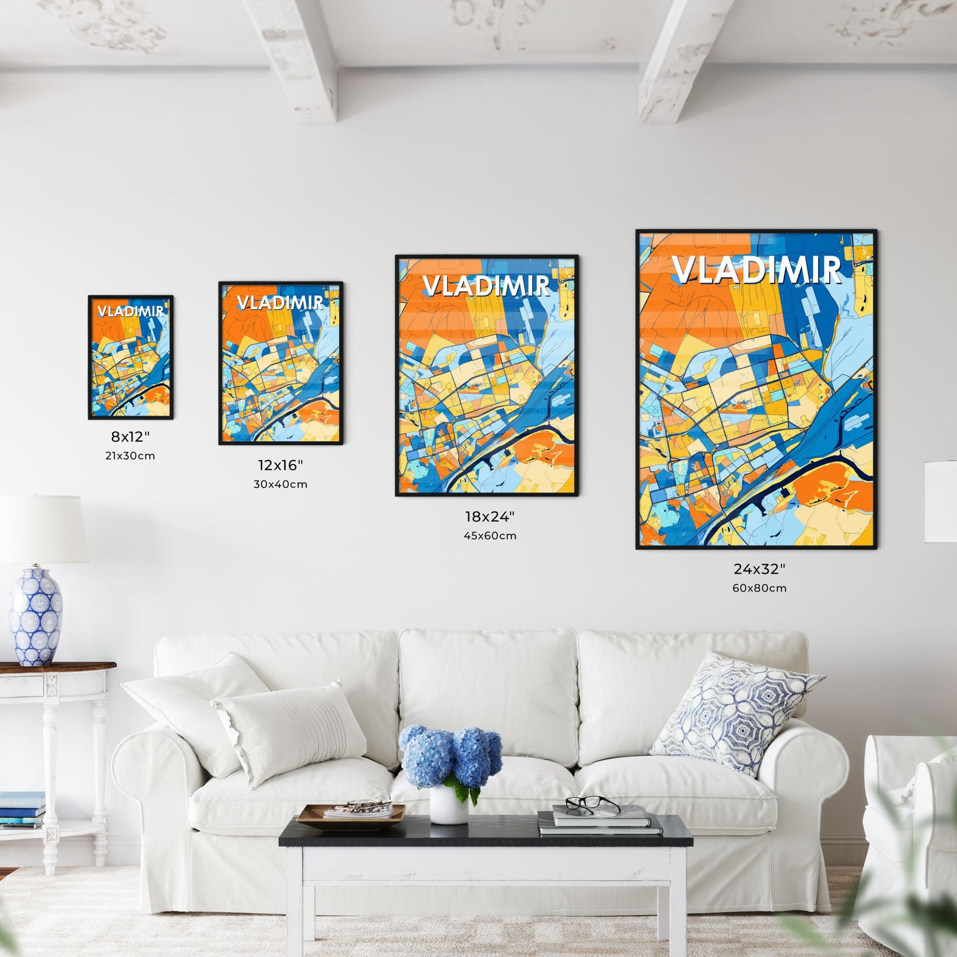 VLADIMIR RUSSIA Vibrant Colorful Art Map Poster Blue Orange