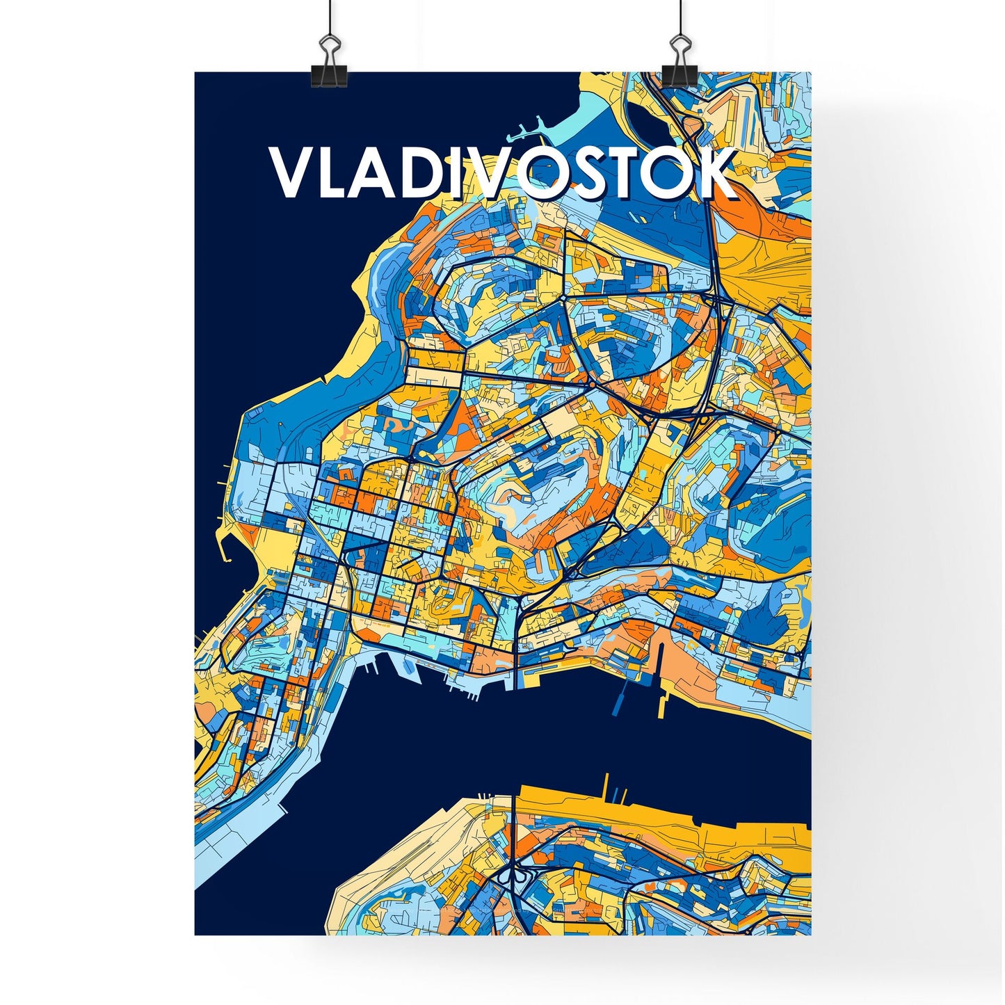 VLADIVOSTOK RUSSIA Vibrant Colorful Art Map Poster Blue Orange