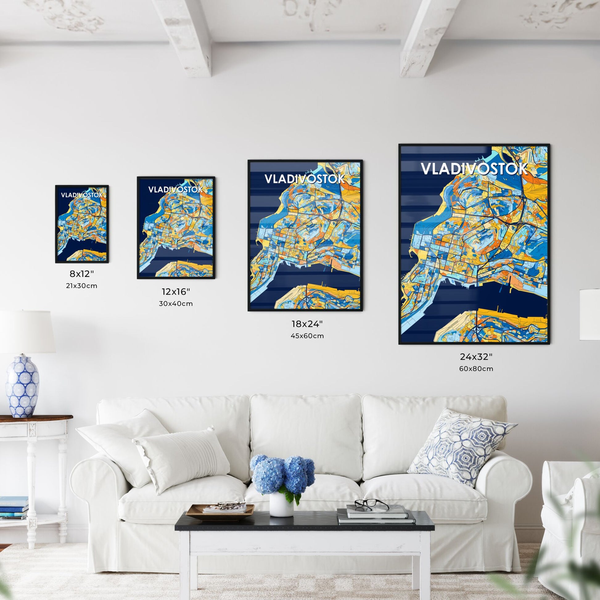 VLADIVOSTOK RUSSIA Vibrant Colorful Art Map Poster Blue Orange