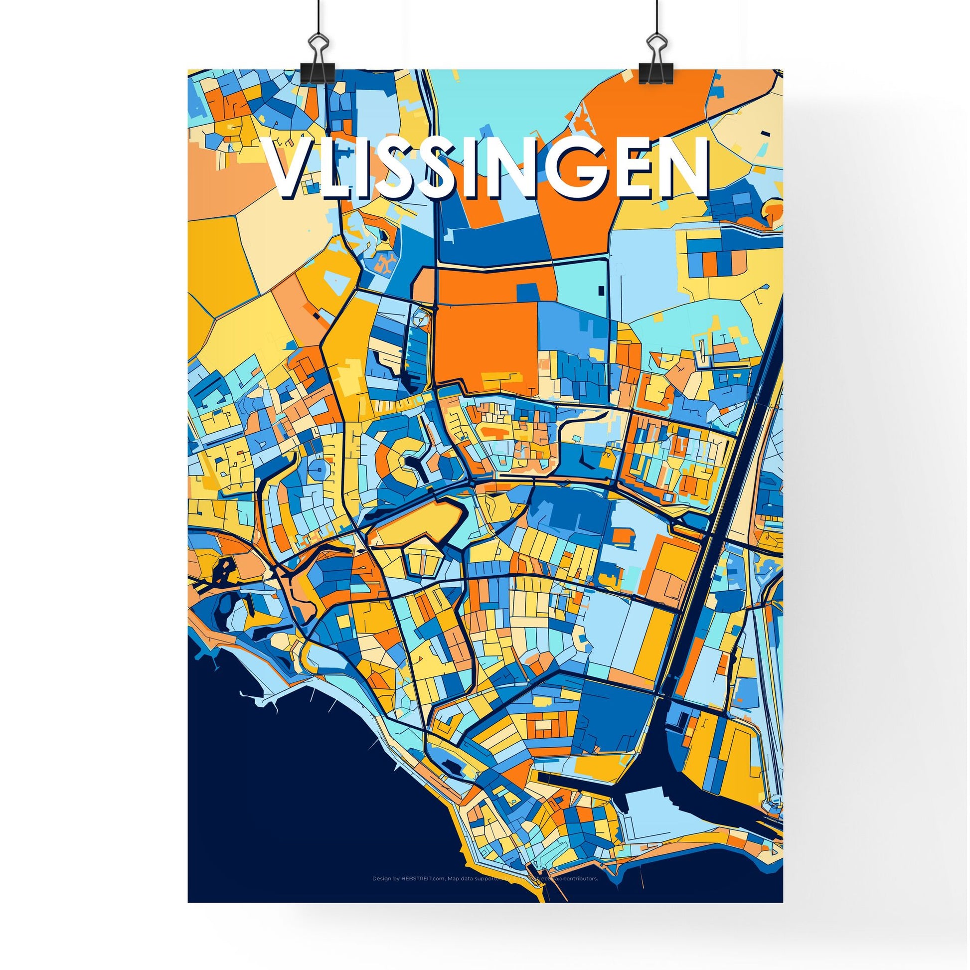 VLISSINGEN NETHERLANDS Vibrant Colorful Art Map Poster Blue Orange