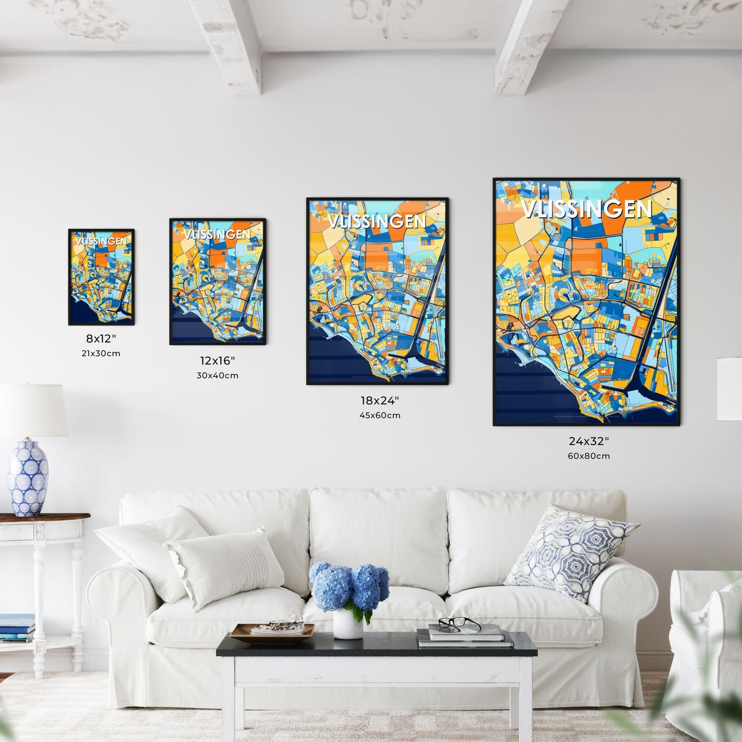 VLISSINGEN NETHERLANDS Vibrant Colorful Art Map Poster Blue Orange