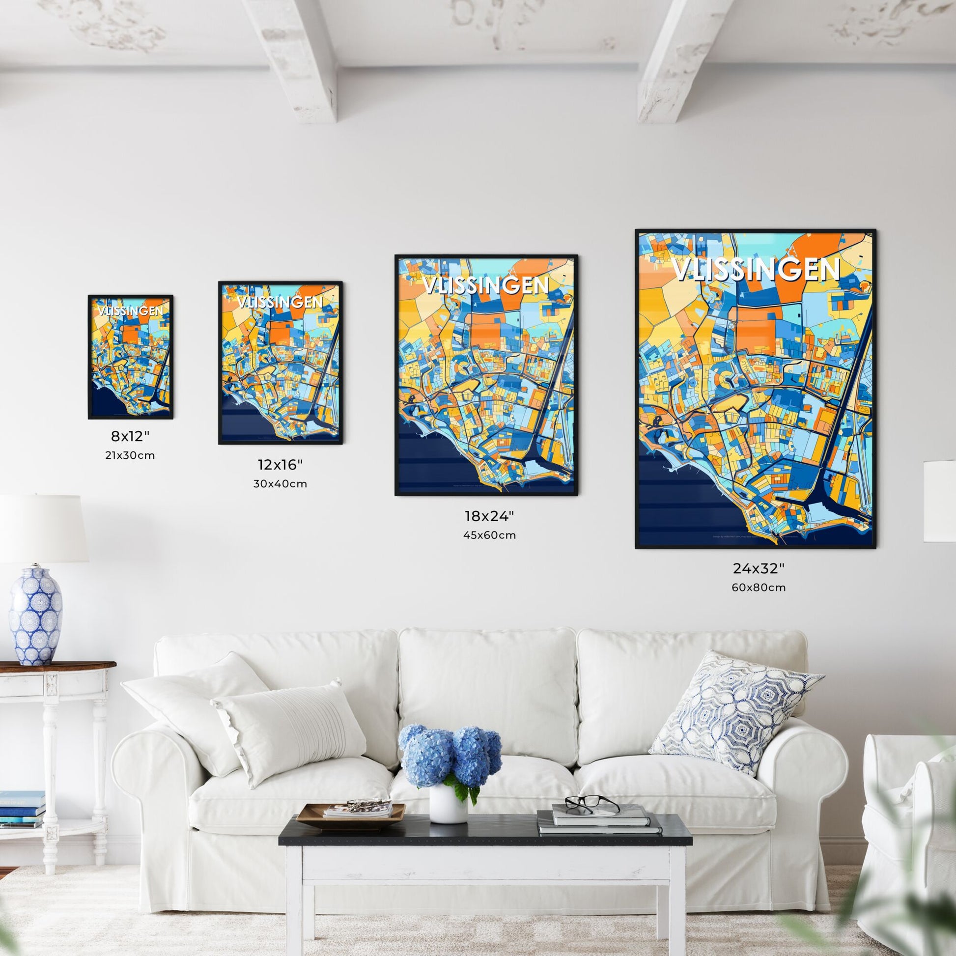 VLISSINGEN NETHERLANDS Vibrant Colorful Art Map Poster Blue Orange