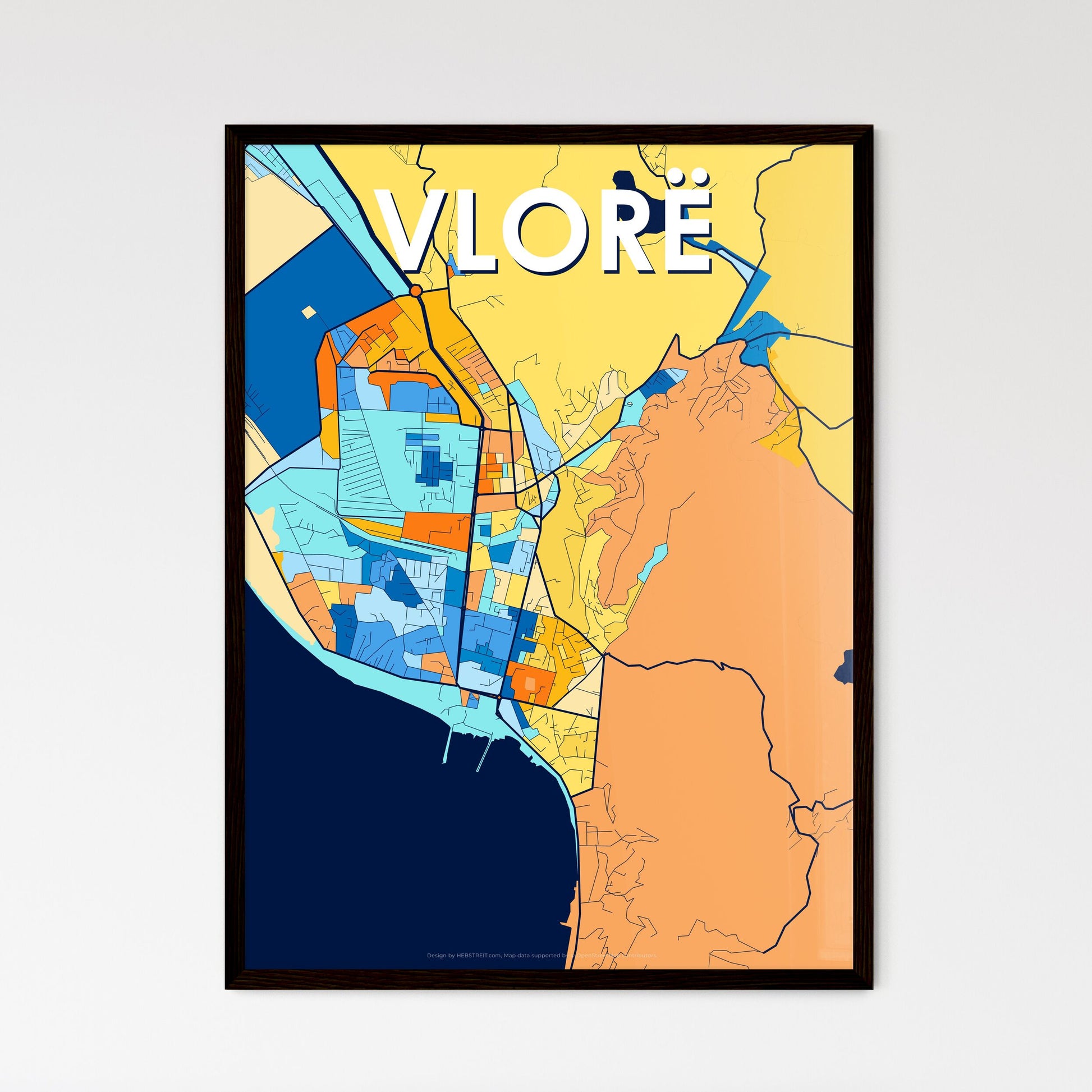 VLORË ALBANIA Vibrant Colorful Art Map Poster Blue Orange