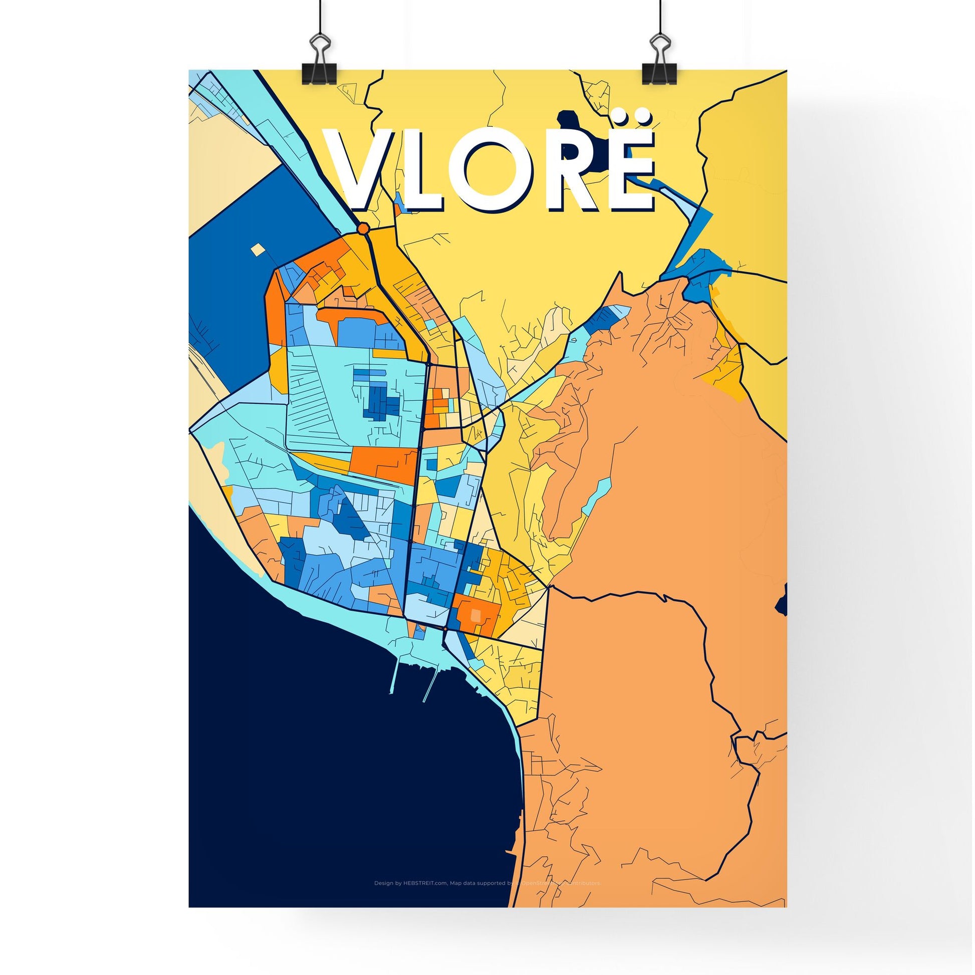 VLORË ALBANIA Vibrant Colorful Art Map Poster Blue Orange